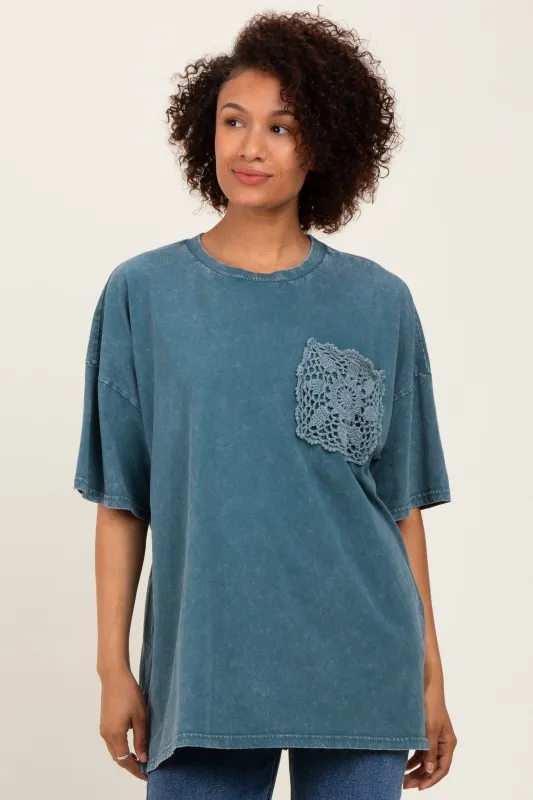 Deep Teal Mineral Wash Crochet Pocket Top sold by Pinkblush