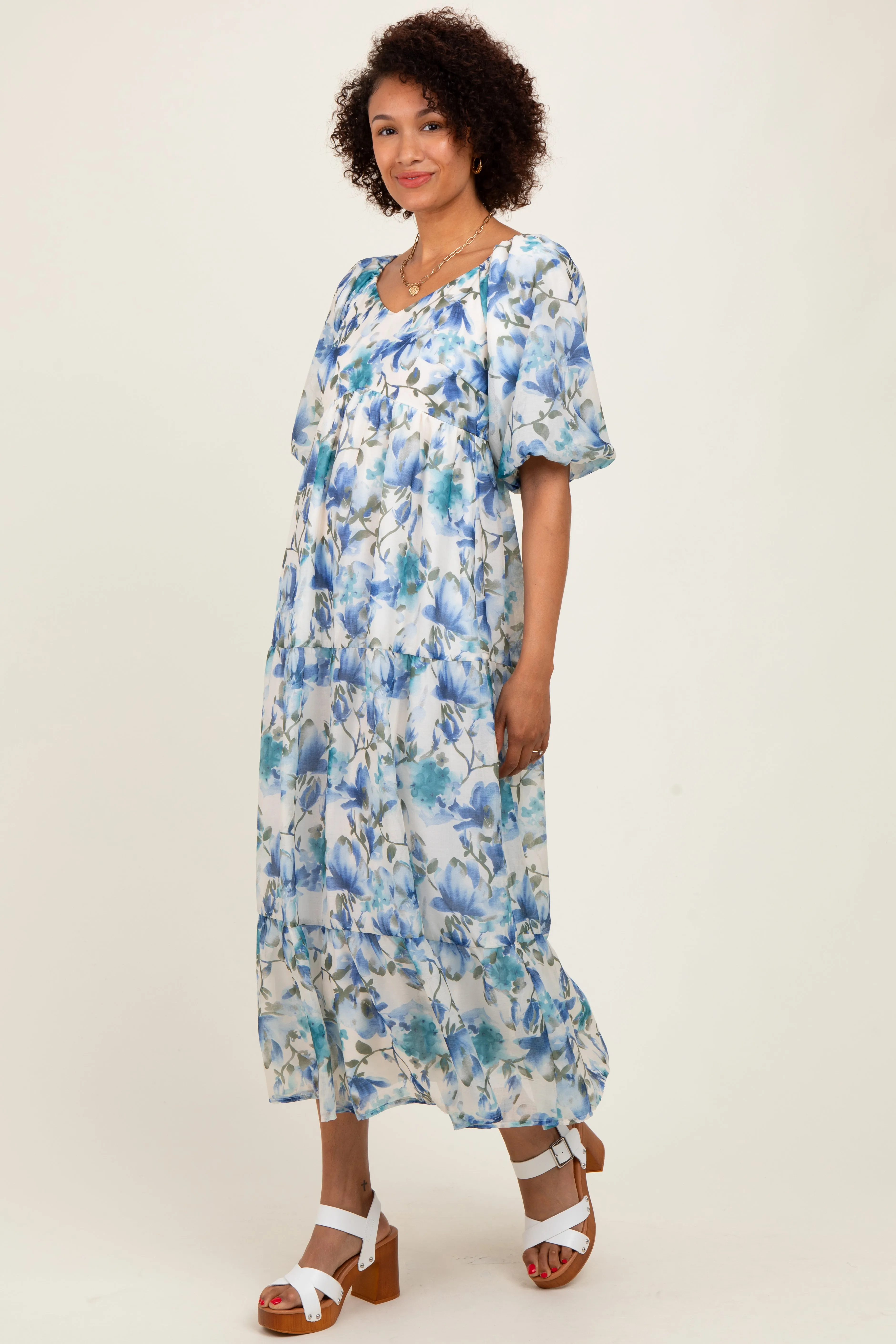 Blue Floral Tiered Puff Sleeve Midi Dress sold by Pinkblush product image thumbnail 3