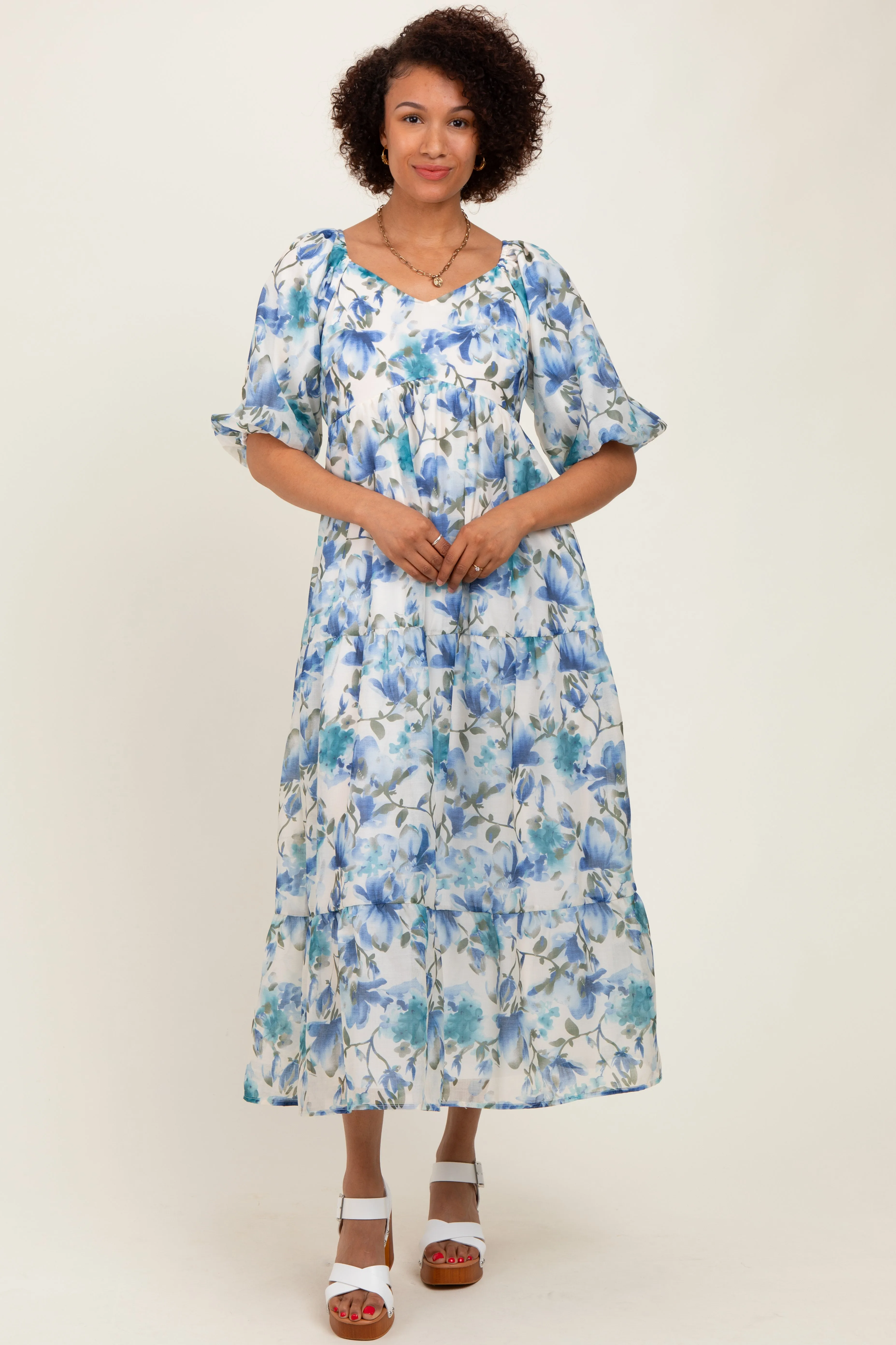 Blue Floral Tiered Puff Sleeve Midi Dress sold by Pinkblush product image thumbnail 2