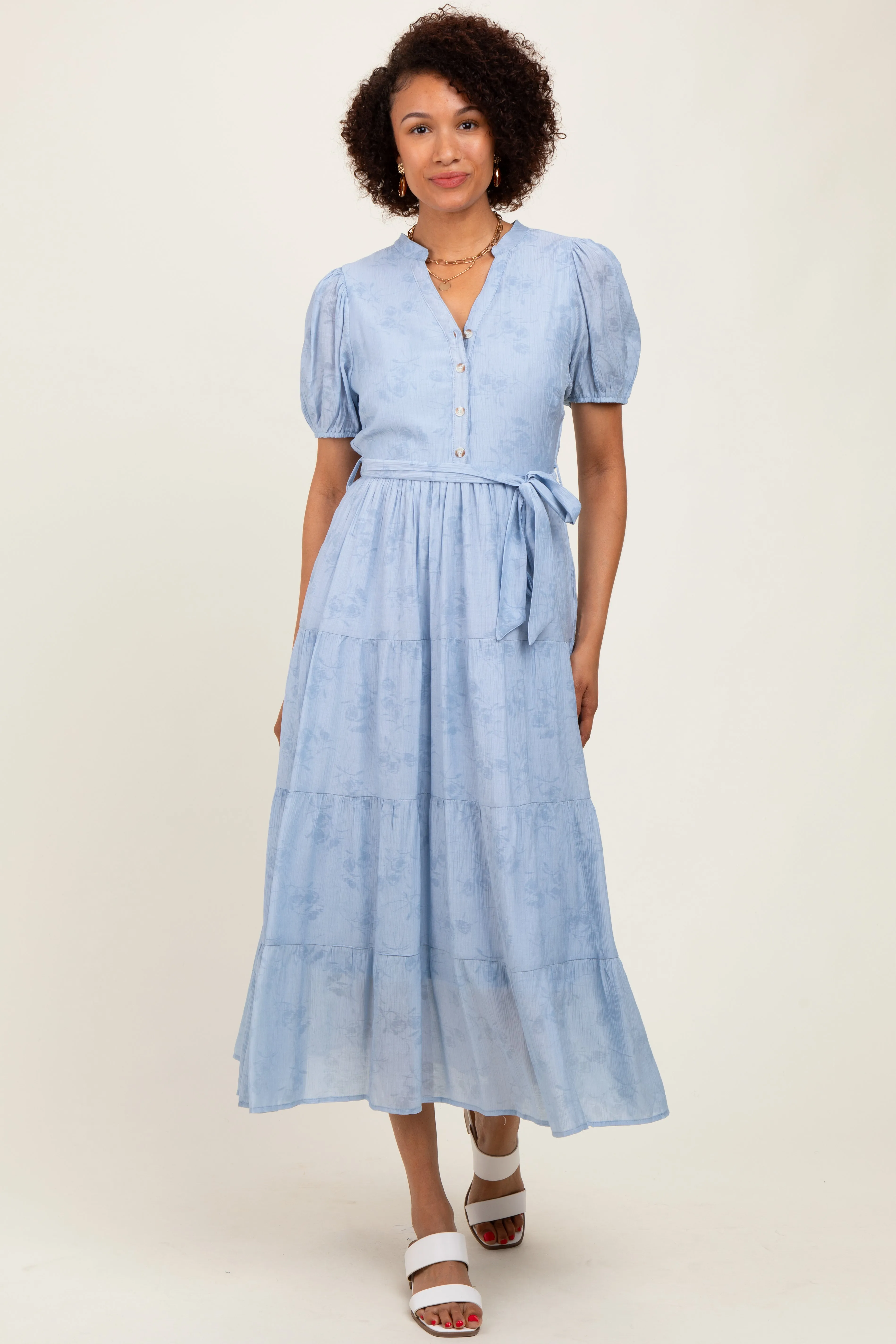 Light Blue Split Neckline Tiered Midi Dress sold by Pinkblush