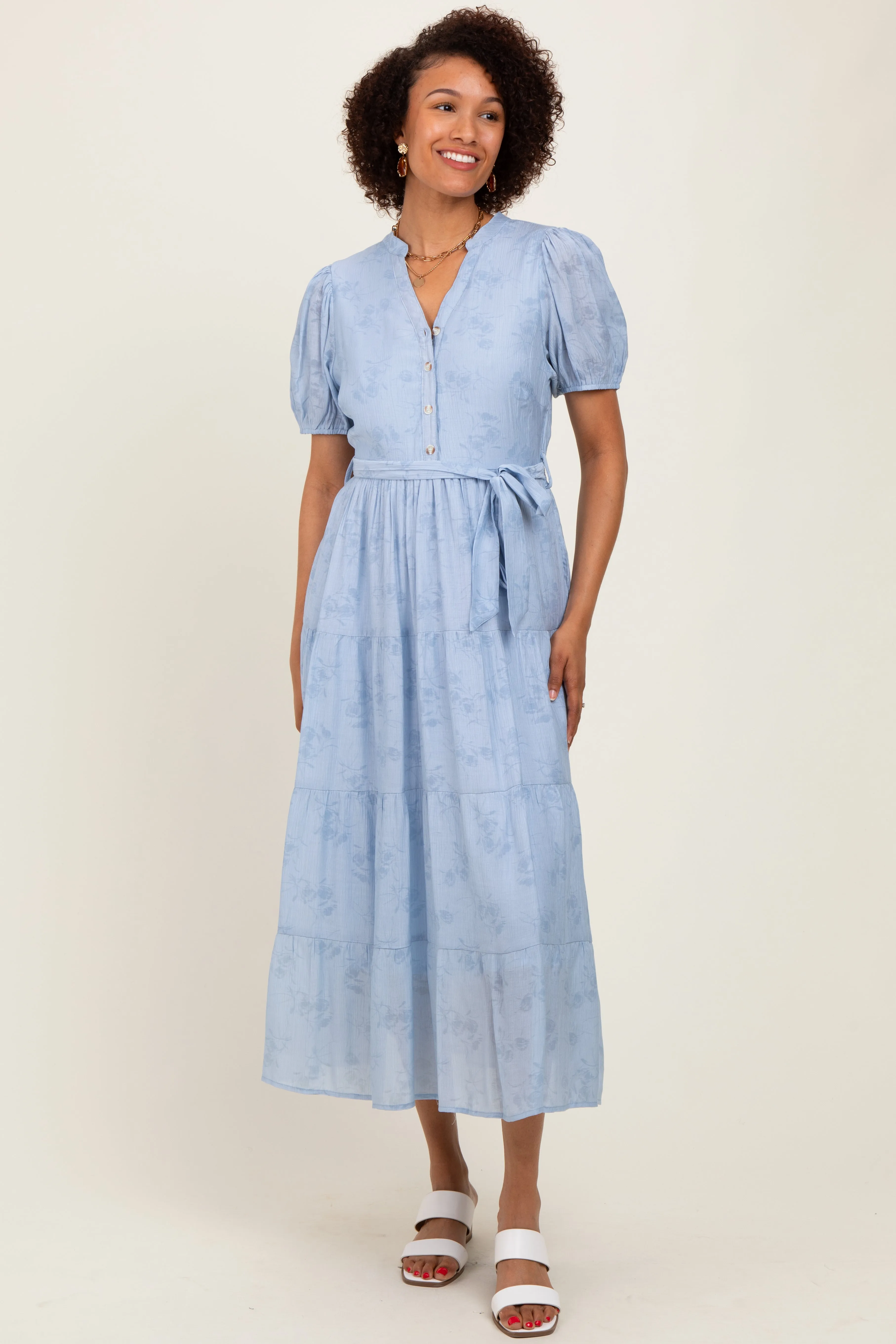 Light Blue Split Neckline Tiered Midi Dress sold by Pinkblush product image thumbnail 2