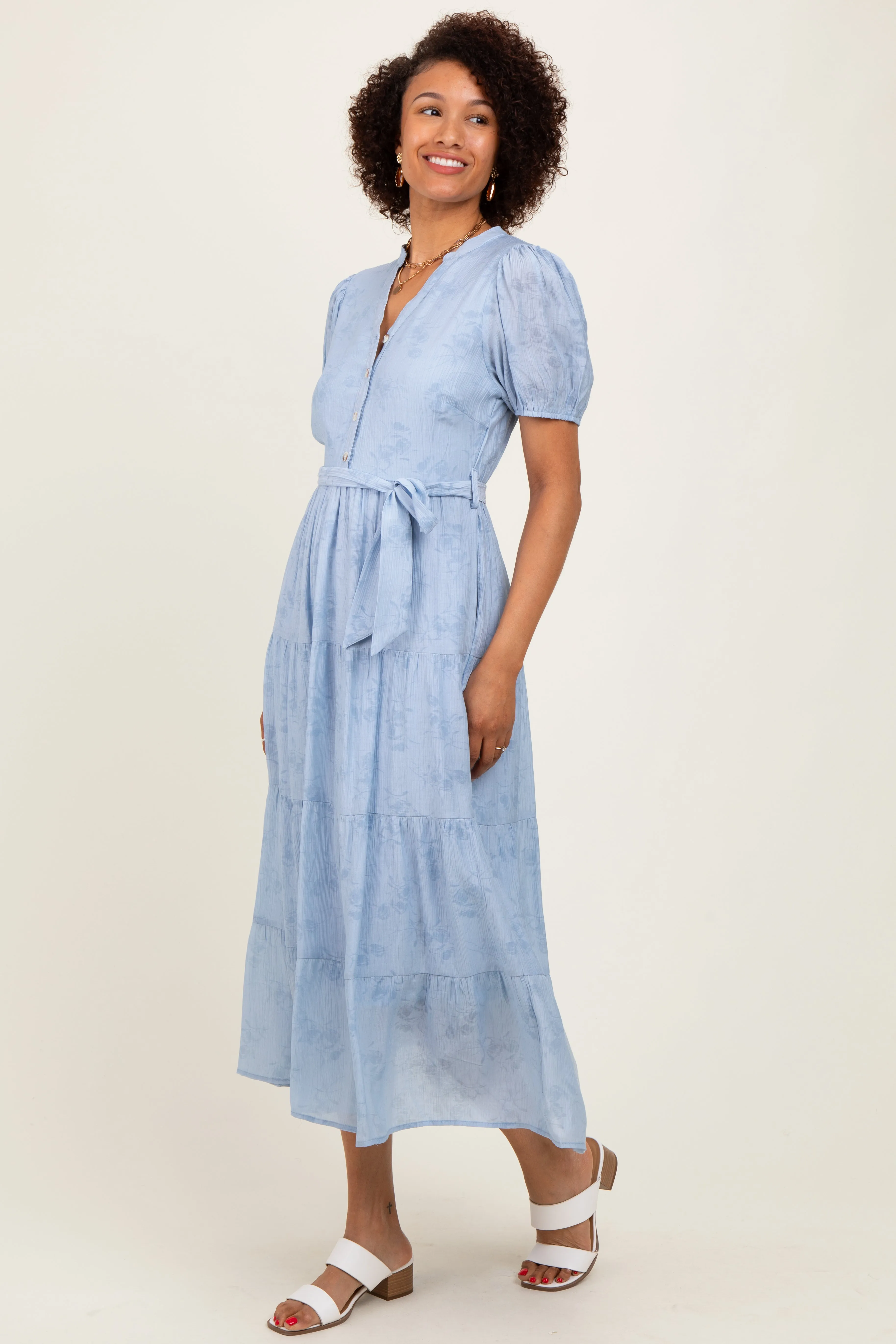 Light Blue Split Neckline Tiered Midi Dress sold by Pinkblush product image thumbnail 3