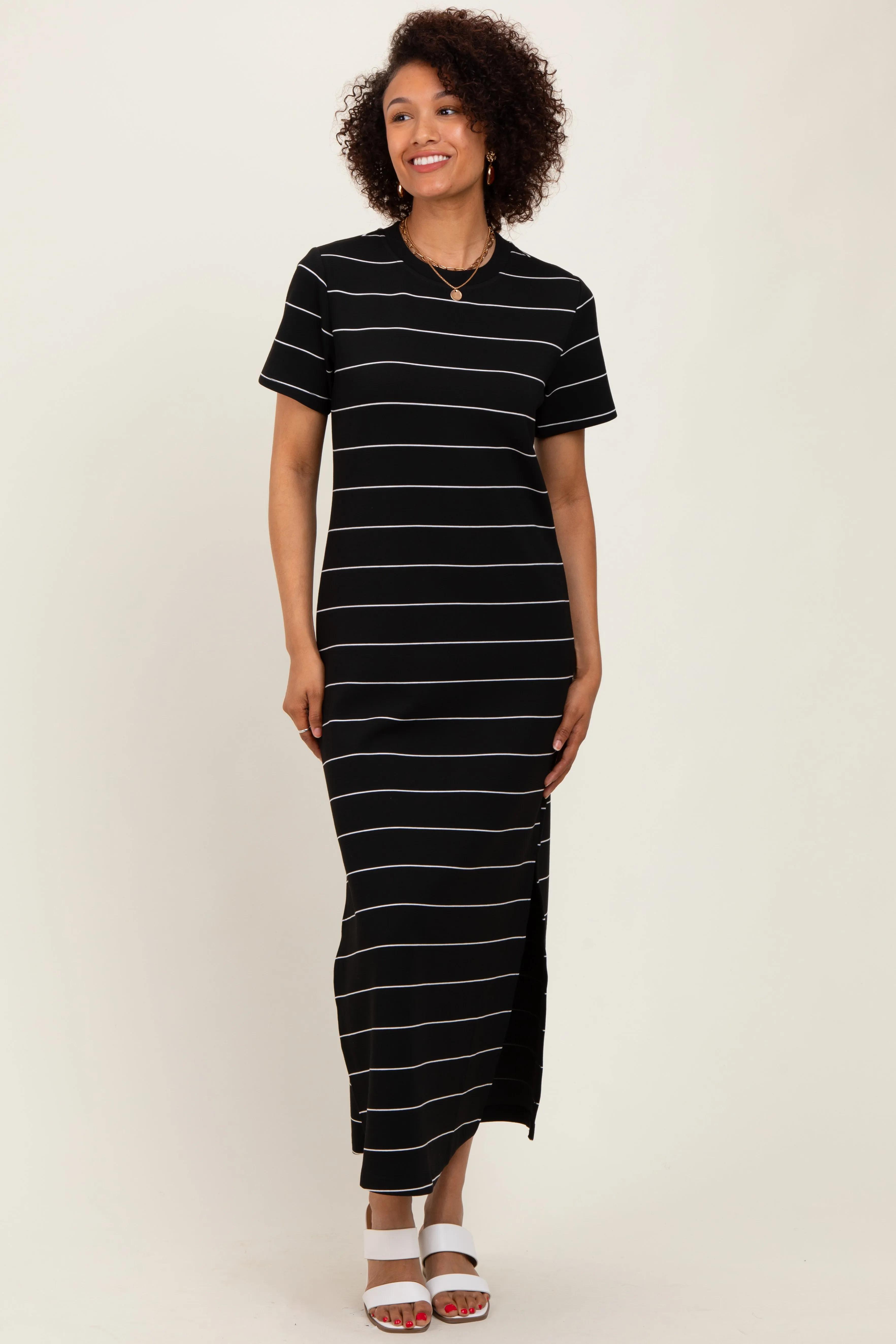 Black Striped Short Sleeve Side Slit Midi Dress sold by Pinkblush product image thumbnail 2