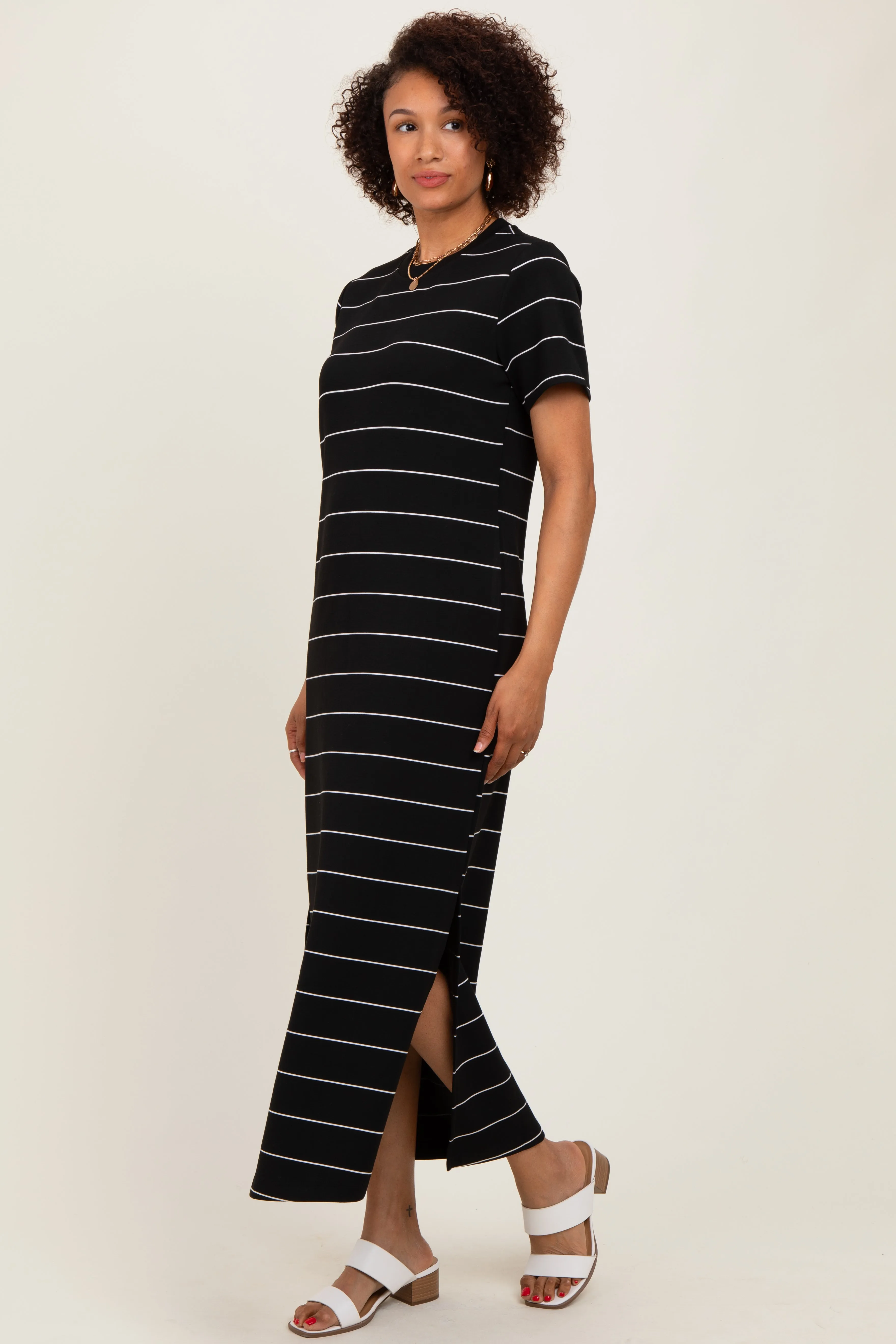 Black Striped Short Sleeve Side Slit Midi Dress sold by Pinkblush product image thumbnail 3