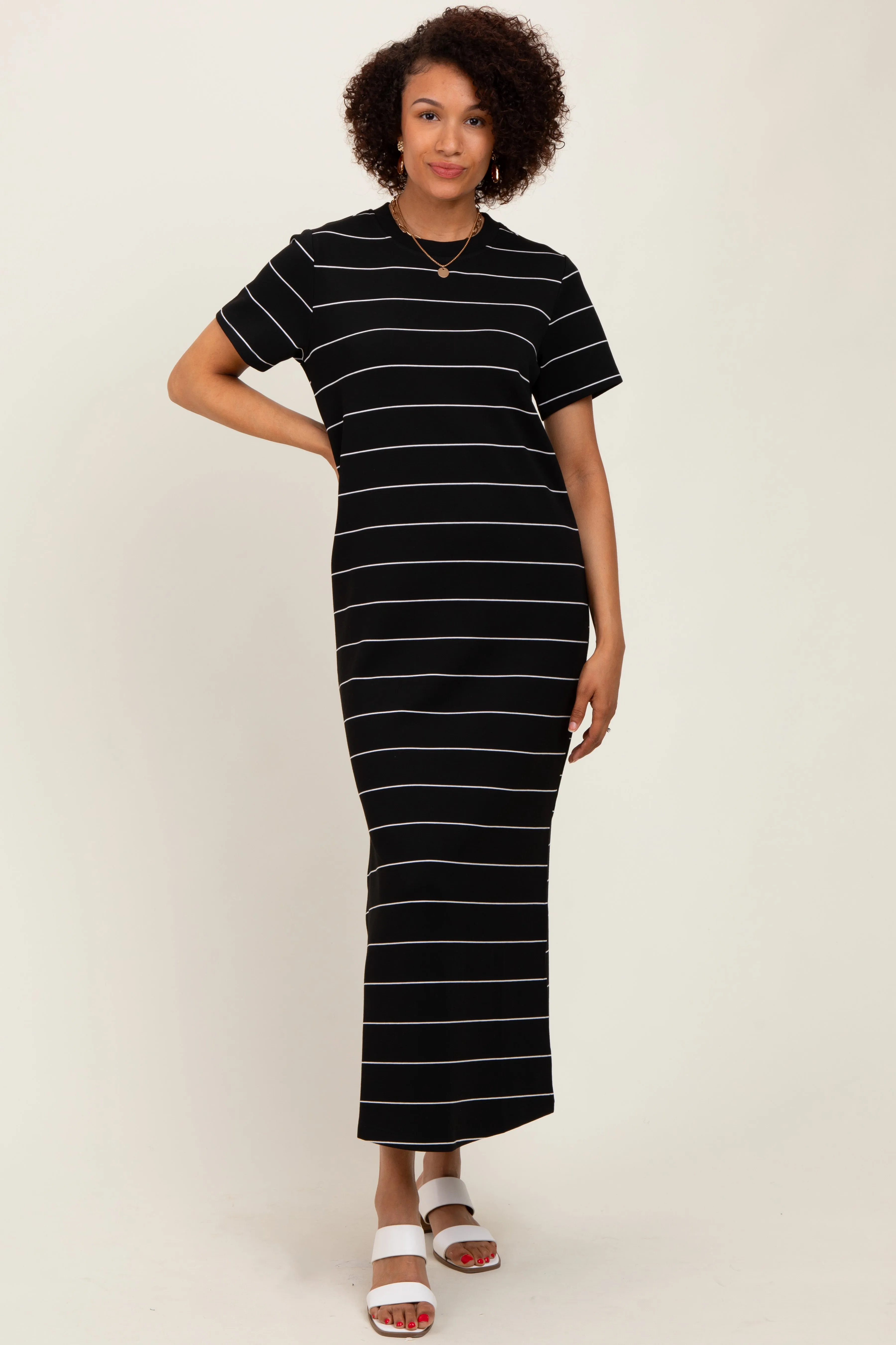 Black Striped Short Sleeve Side Slit Midi Dress sold by Pinkblush