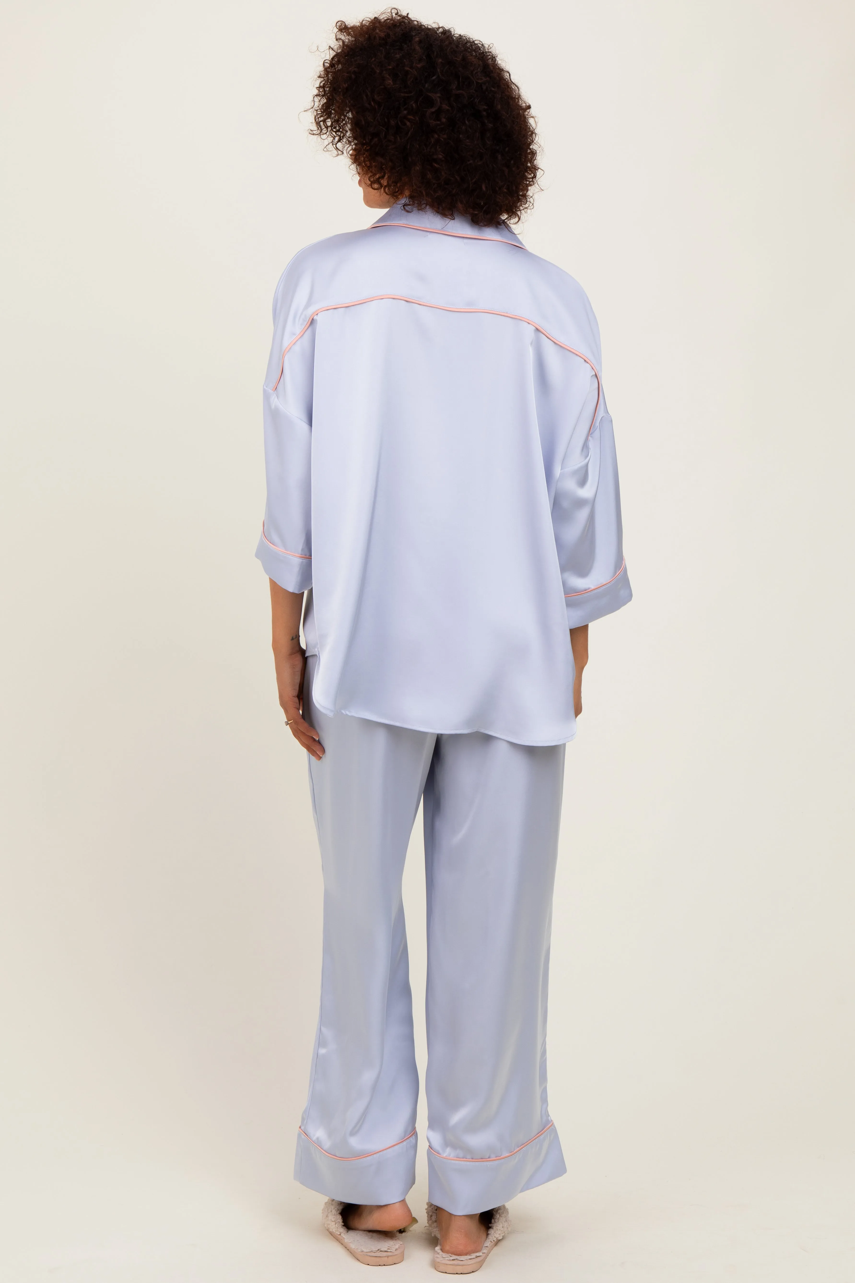 Light Blue Satin Contrast Trim Pajama Pant Set sold by Pinkblush product image thumbnail 4