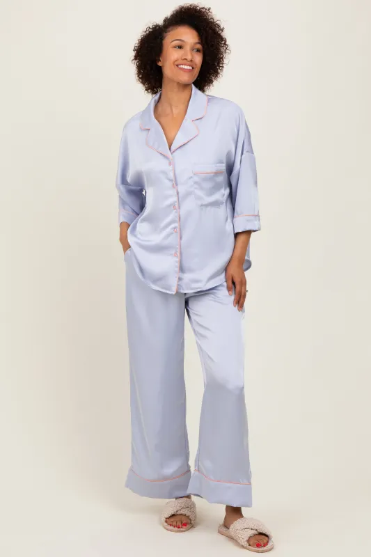 Light Blue Satin Contrast Trim Pajama Pant Set sold by Pinkblush