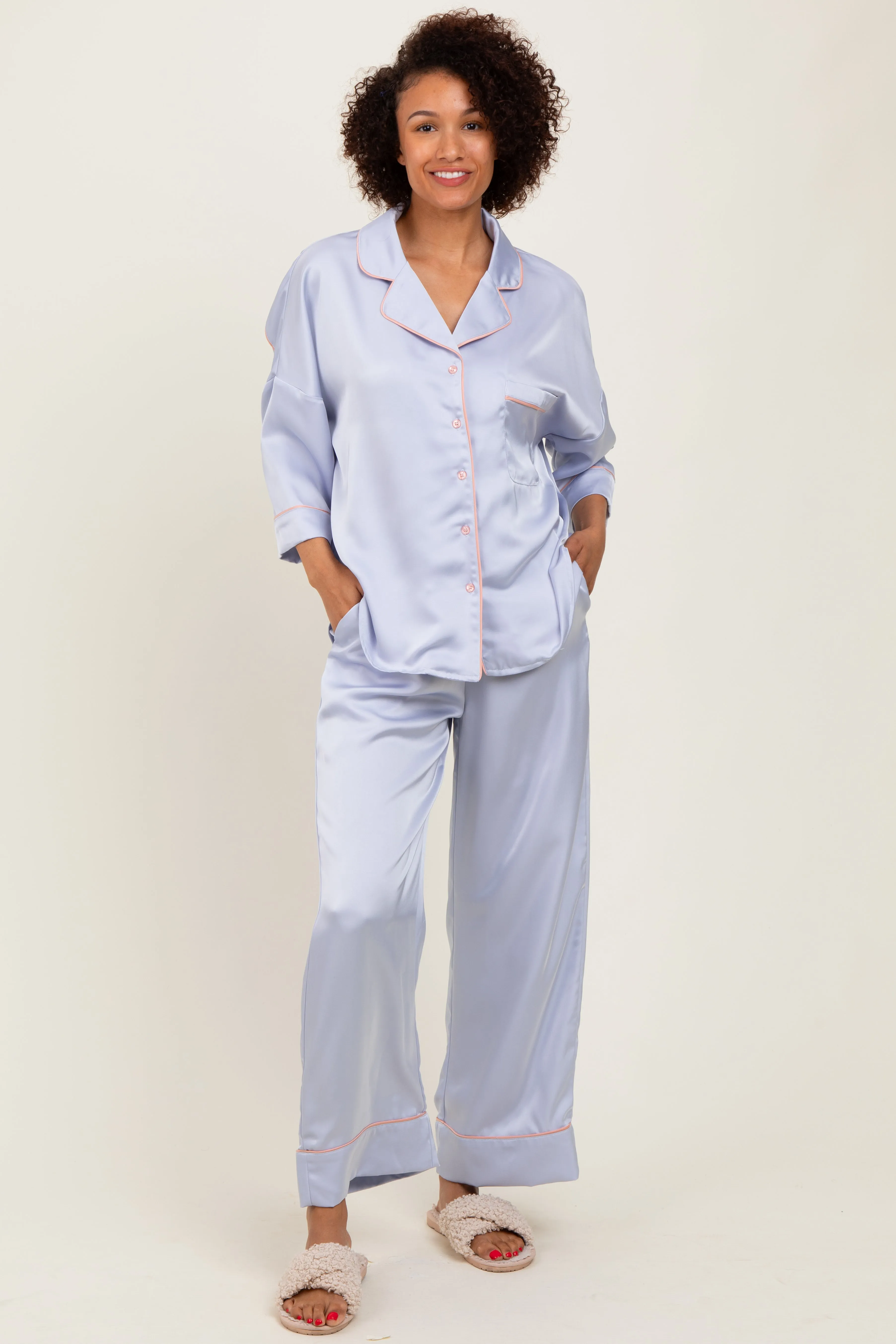 Light Blue Satin Contrast Trim Pajama Pant Set sold by Pinkblush product image thumbnail 2
