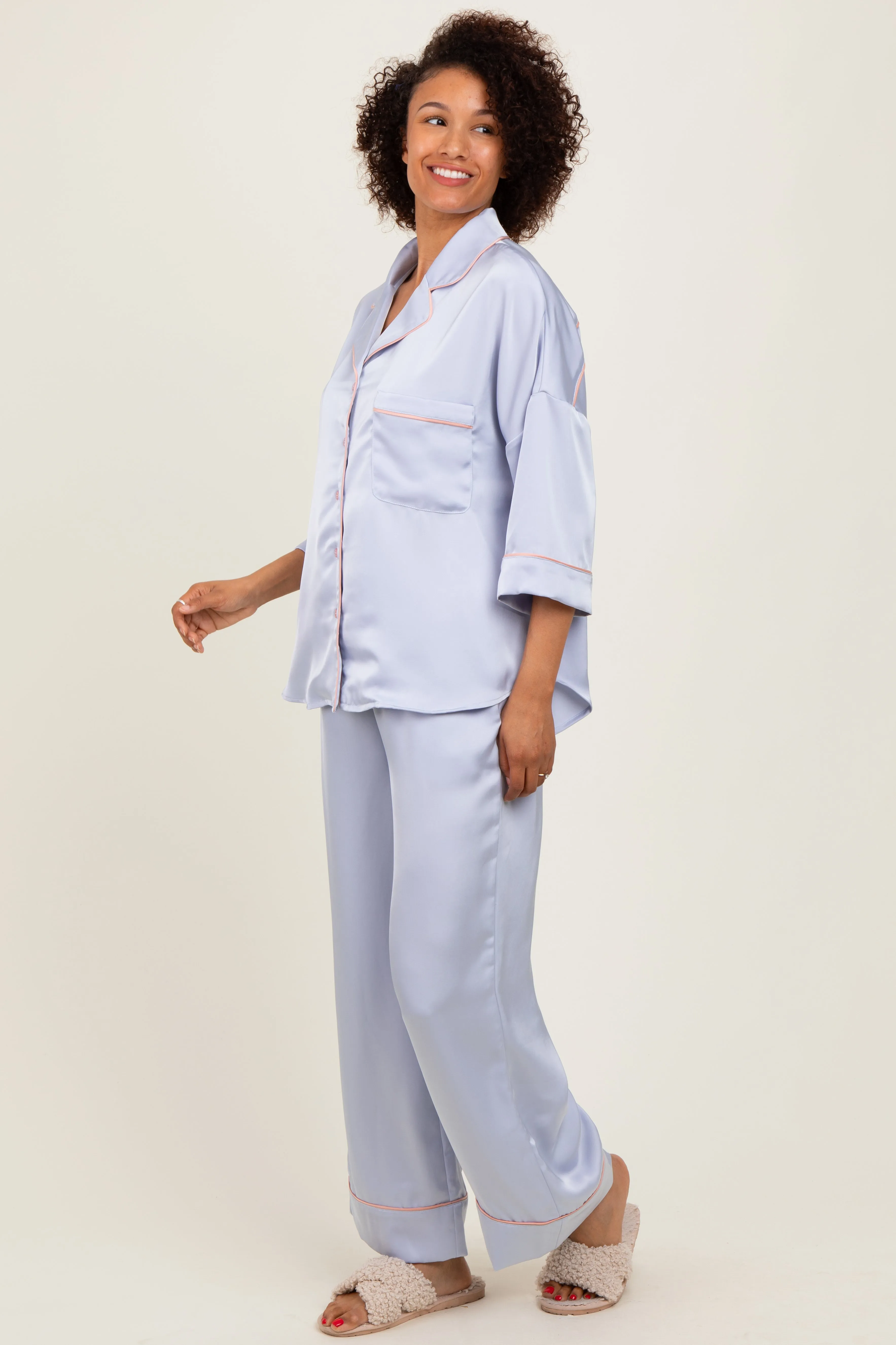Light Blue Satin Contrast Trim Pajama Pant Set sold by Pinkblush product image thumbnail 3