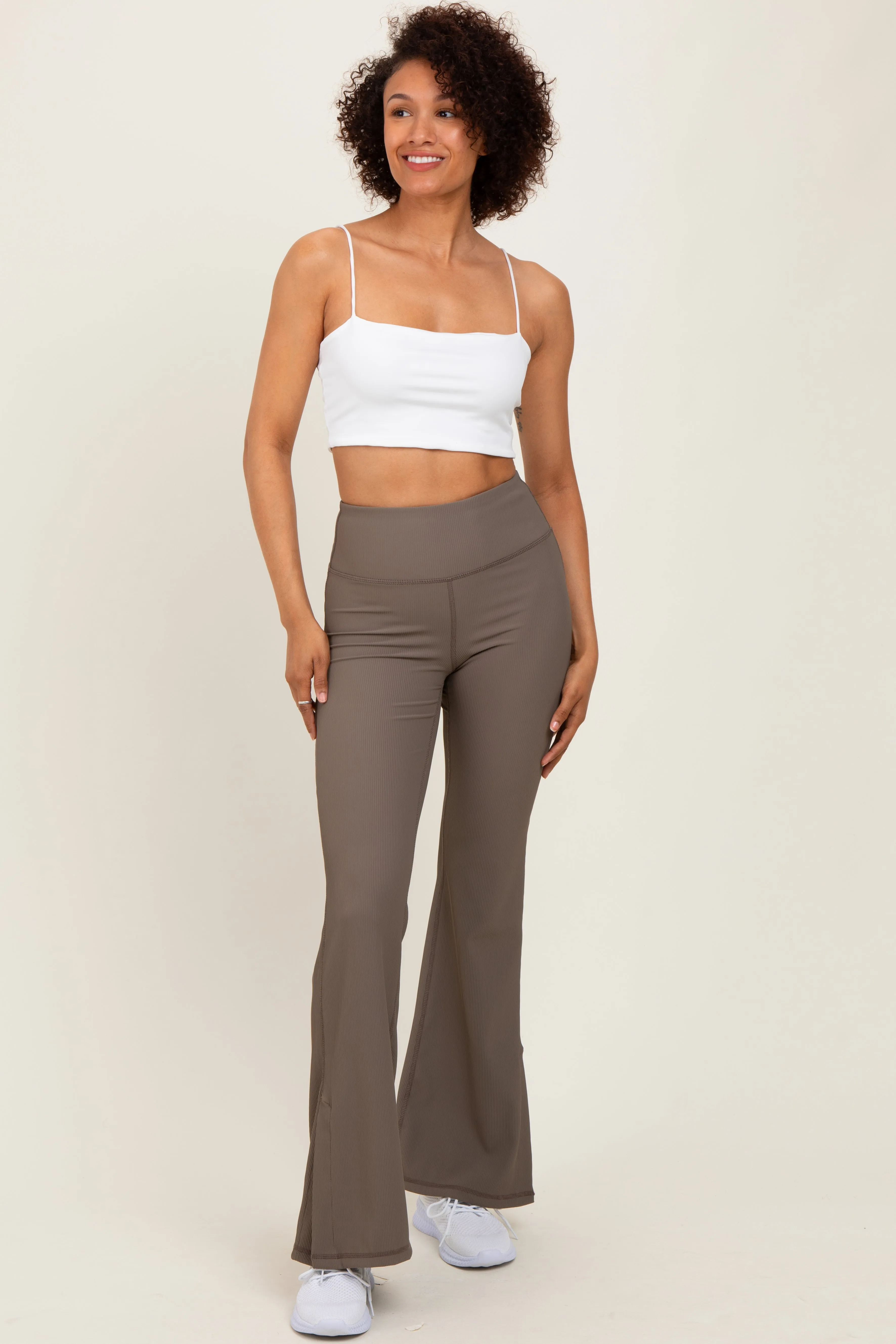 Mocha Ribbed Split Flare Leggings sold by Pinkblush