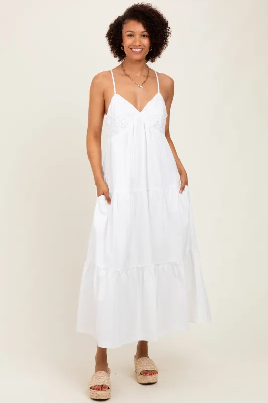 White Crochet Flare Smocked Maxi Dress sold by Pinkblush