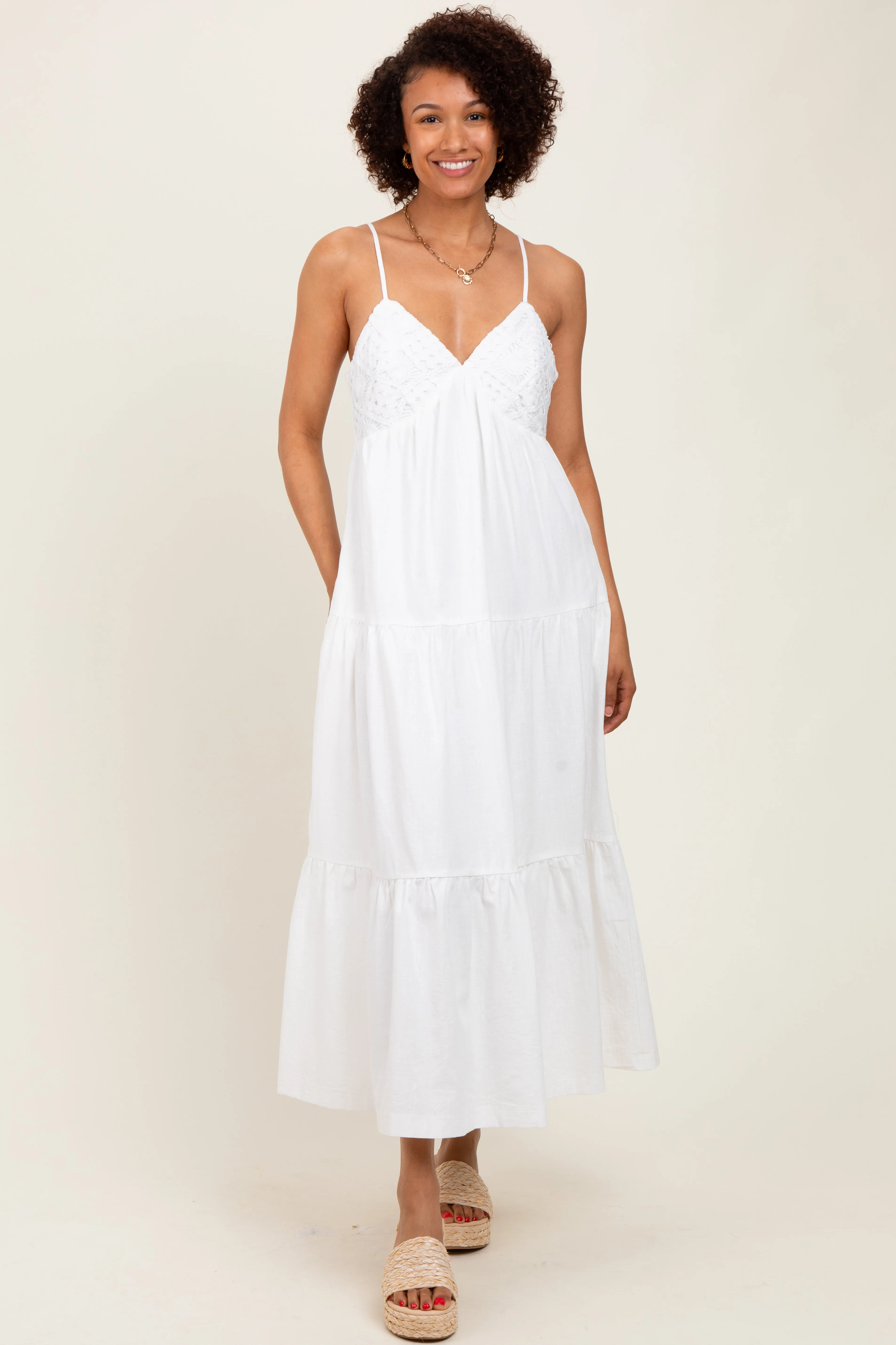White Crochet Flare Smocked Maxi Dress sold by Pinkblush product image thumbnail 2