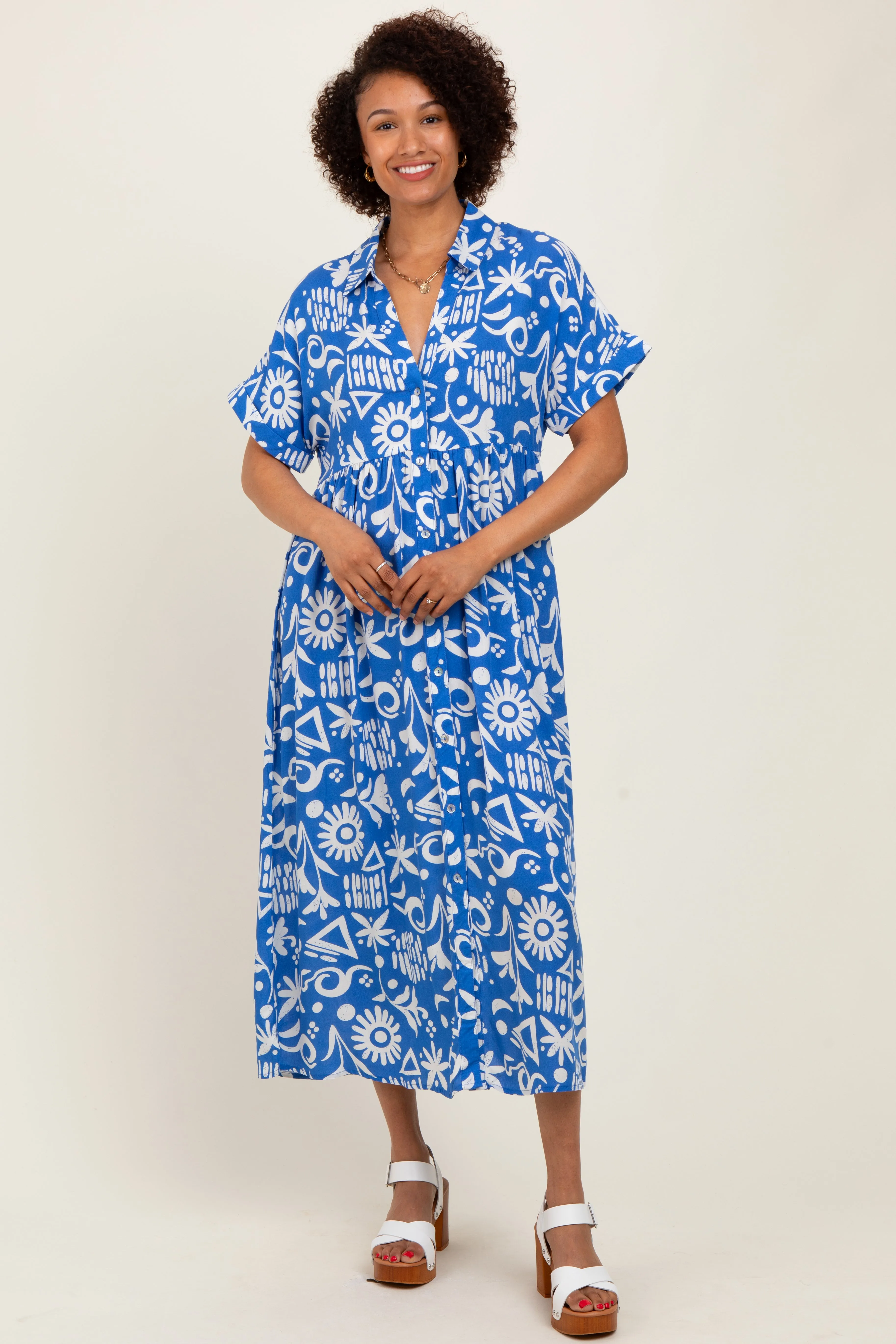 Blue Abstract Floral Shirt Midi Dress sold by Pinkblush