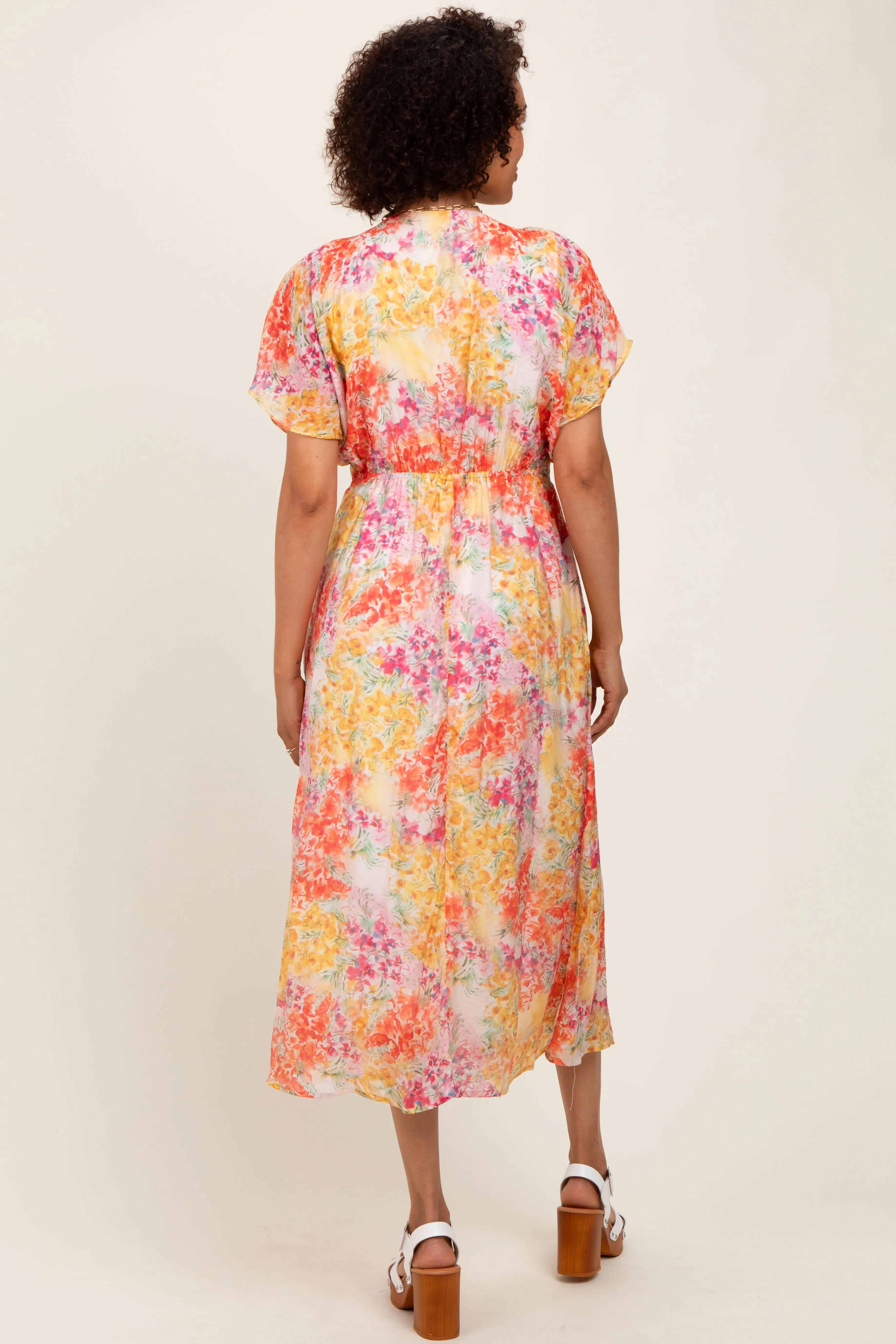 Yellow Mix Textured Floral Gathered V Neck Dress sold by Pinkblush product image thumbnail 3