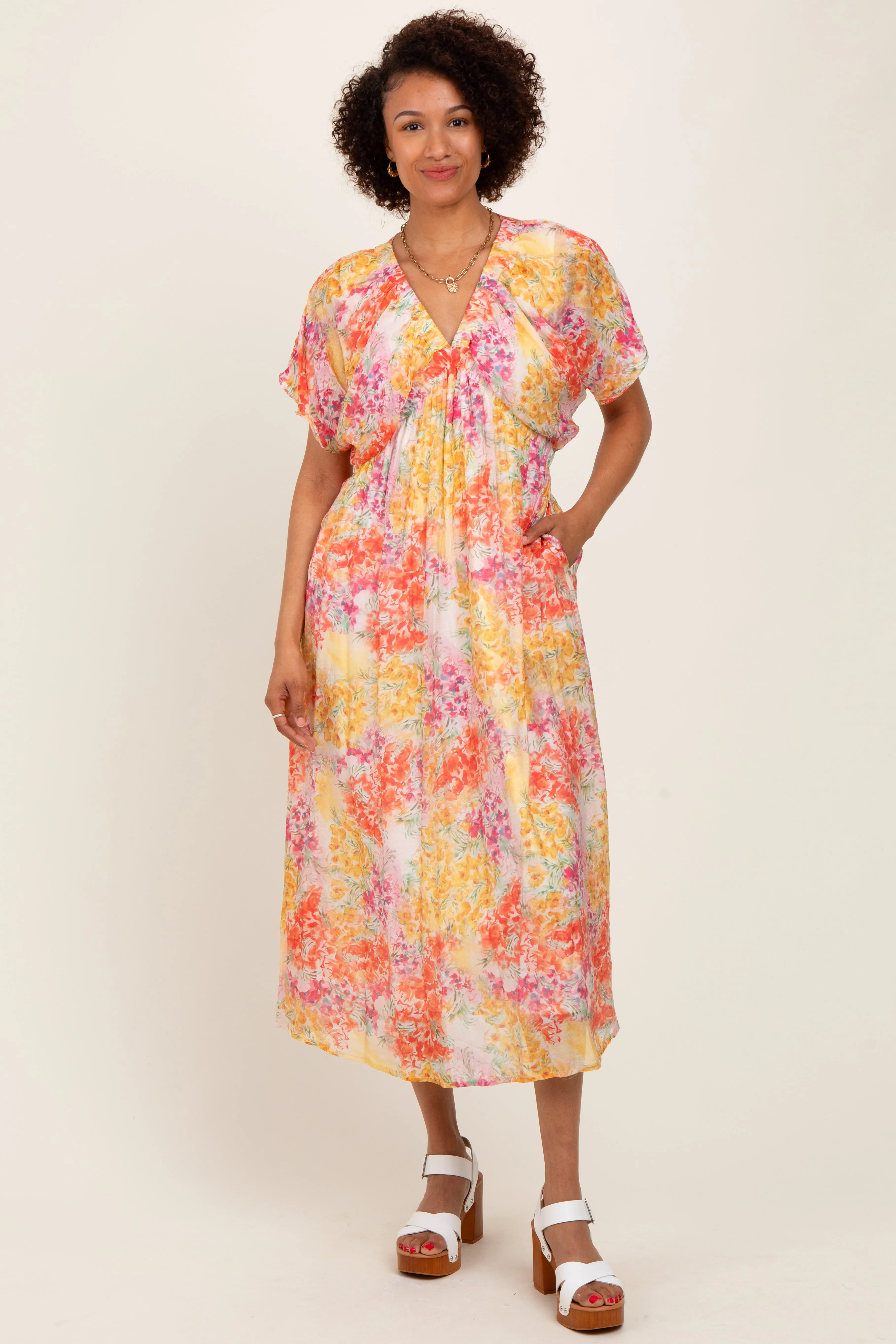 Yellow Mix Textured Floral Gathered V Neck Dress sold by Pinkblush