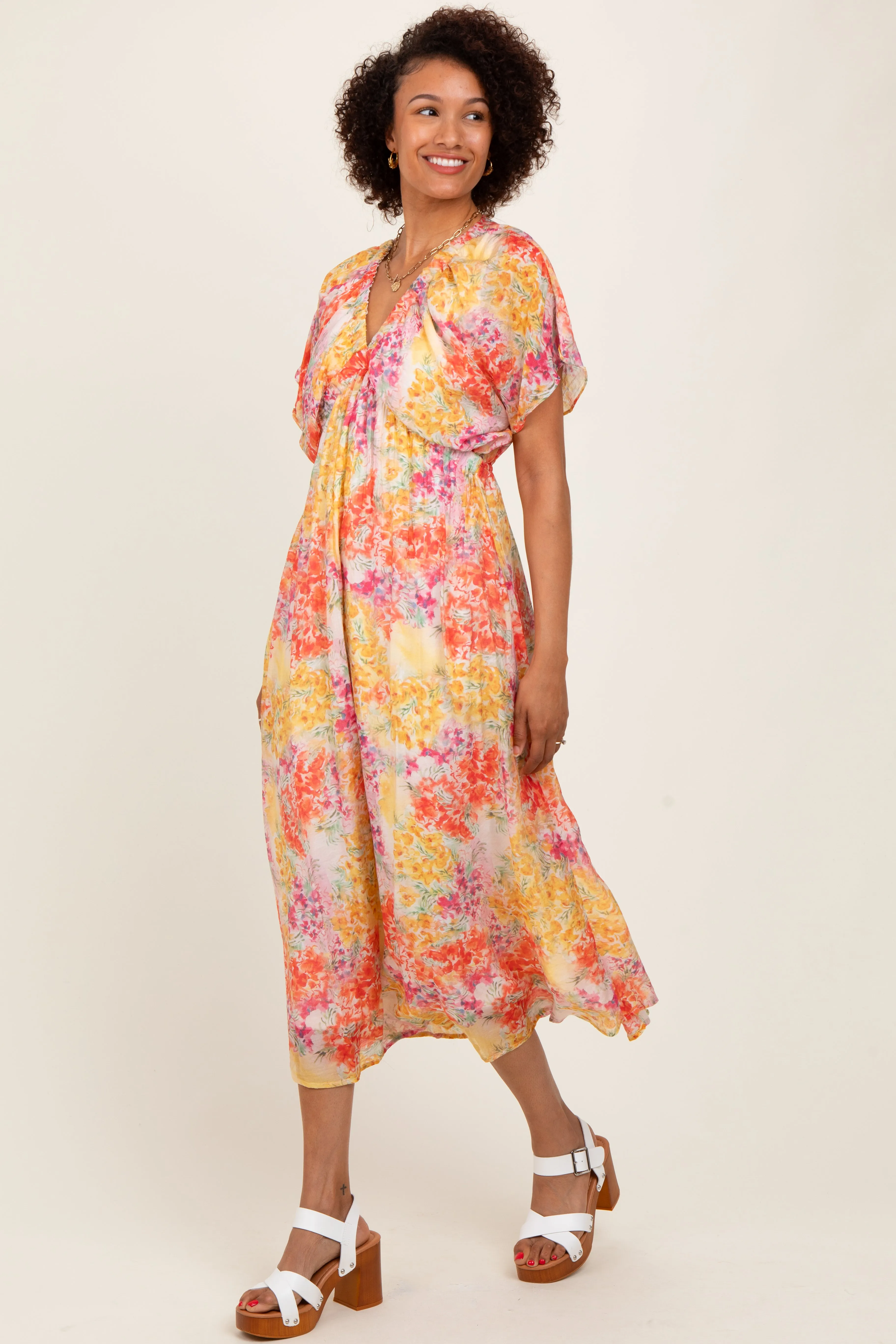 Yellow Mix Textured Floral Gathered V Neck Dress sold by Pinkblush product image thumbnail 2