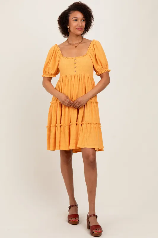 Orange Button Up Ruffle Tiered Dress sold by Pinkblush