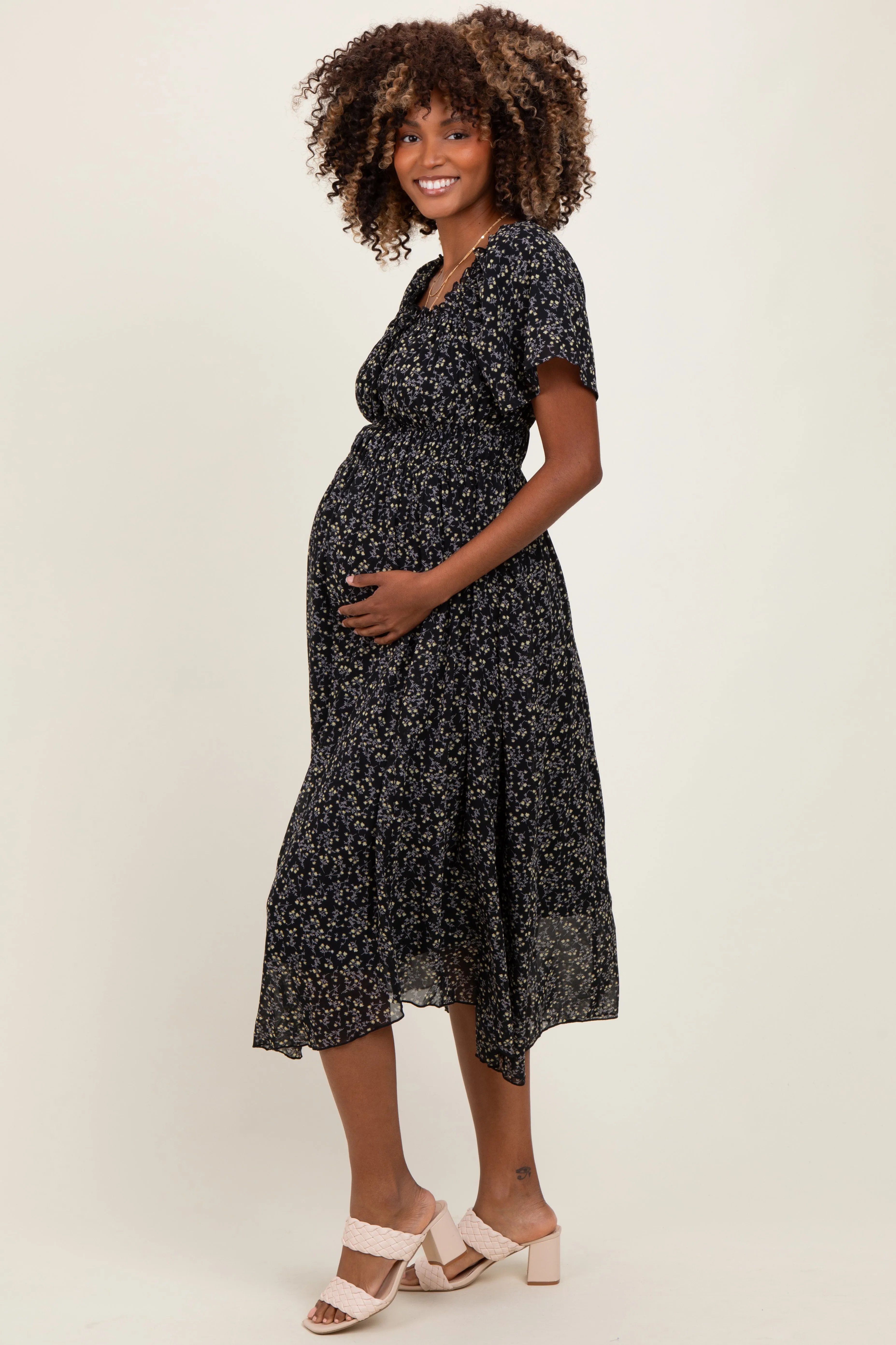 Black Floral Square Neck Front Tie Maternity Midi Dress sold by Pinkblush product image thumbnail 2