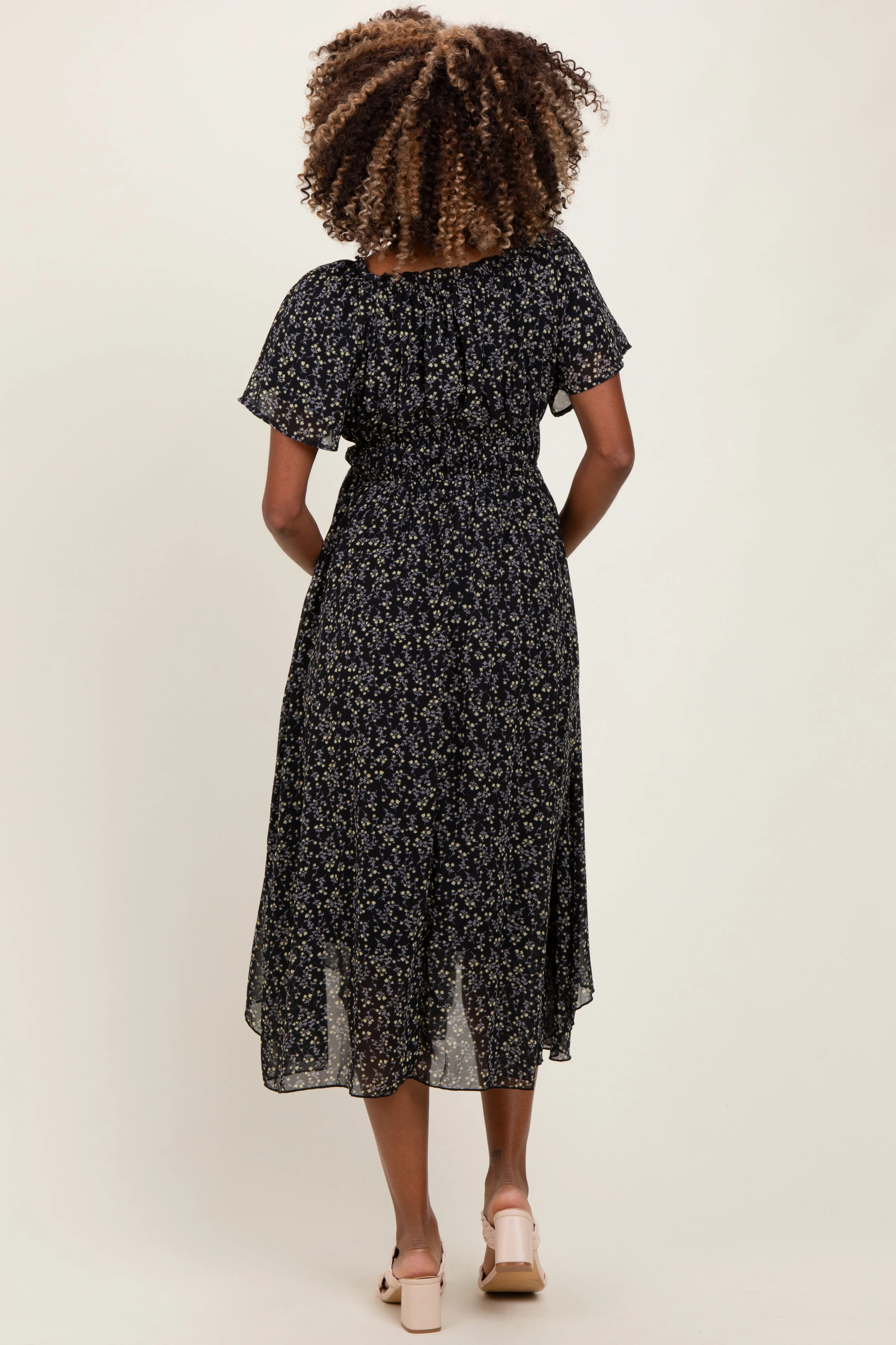 Black Floral Square Neck Front Tie Maternity Midi Dress sold by Pinkblush product image thumbnail 3