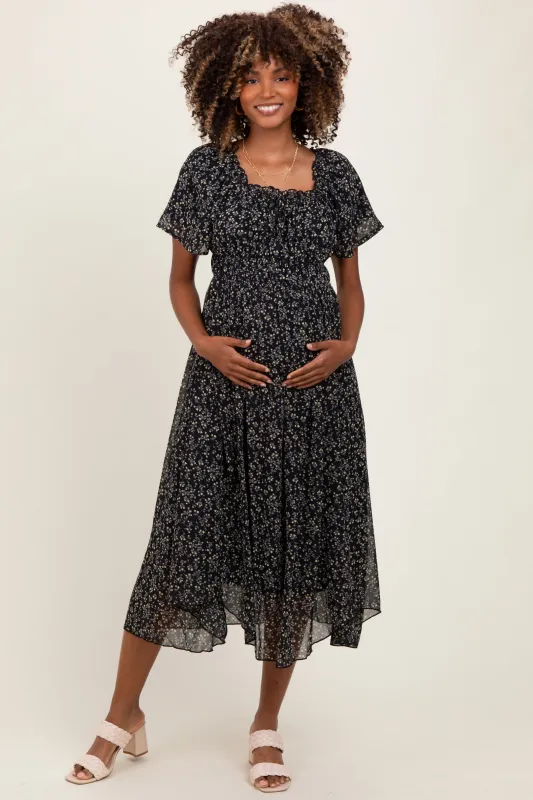 Black Floral Square Neck Front Tie Maternity Midi Dress made by Polagram