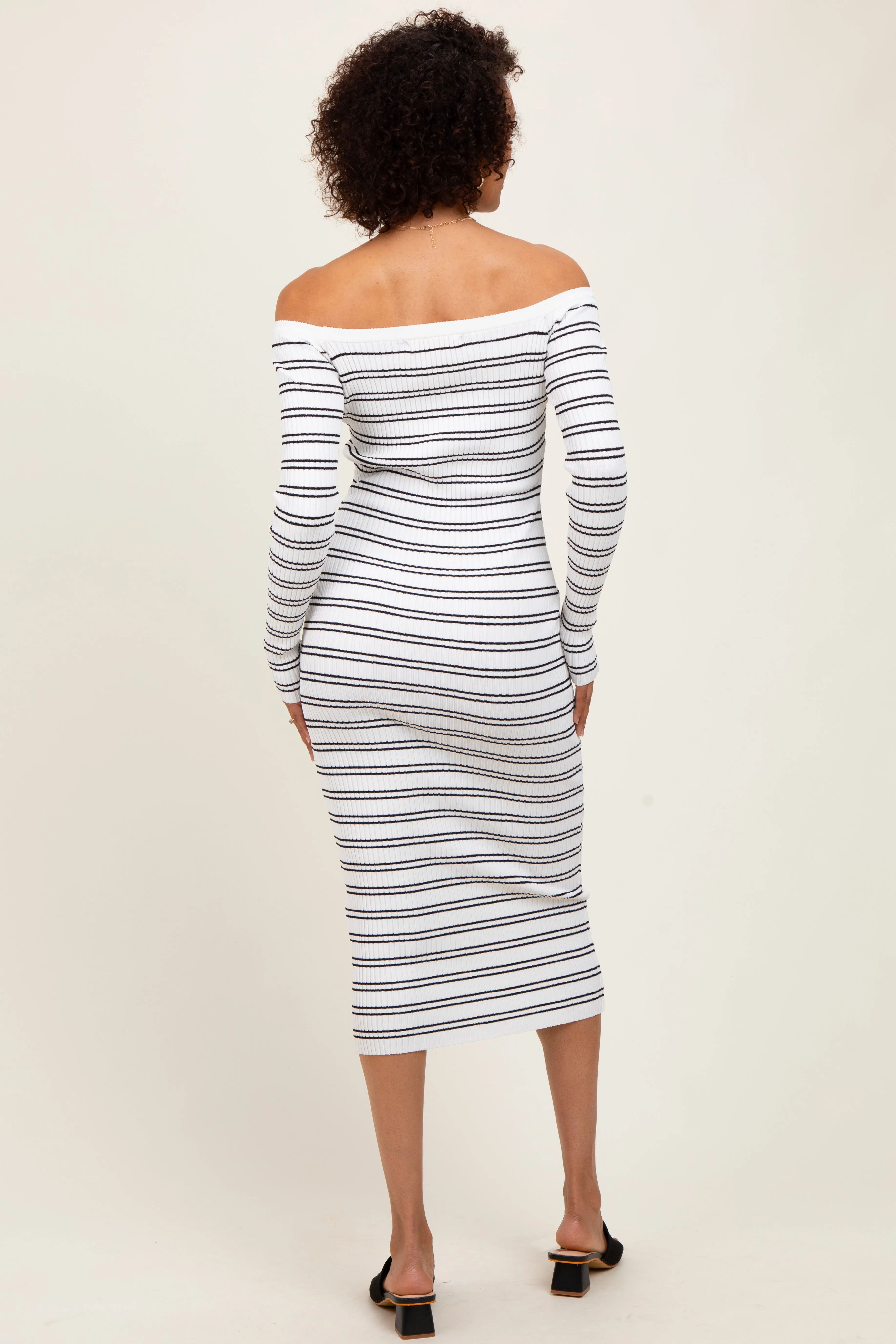 White Striped Ribbed Button Accent Off Shoulder Dress sold by Pinkblush product image thumbnail 4