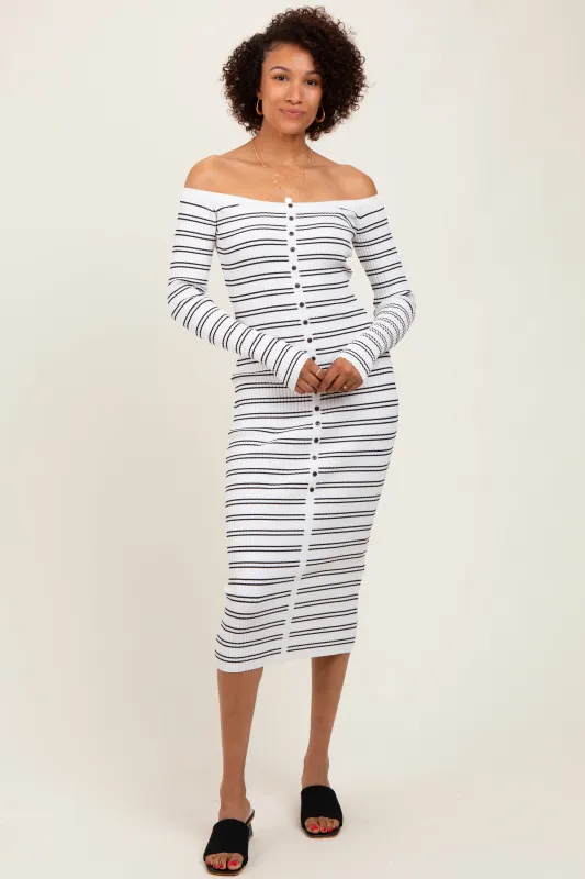White Striped Ribbed Button Accent Off Shoulder Dress sold by Pinkblush