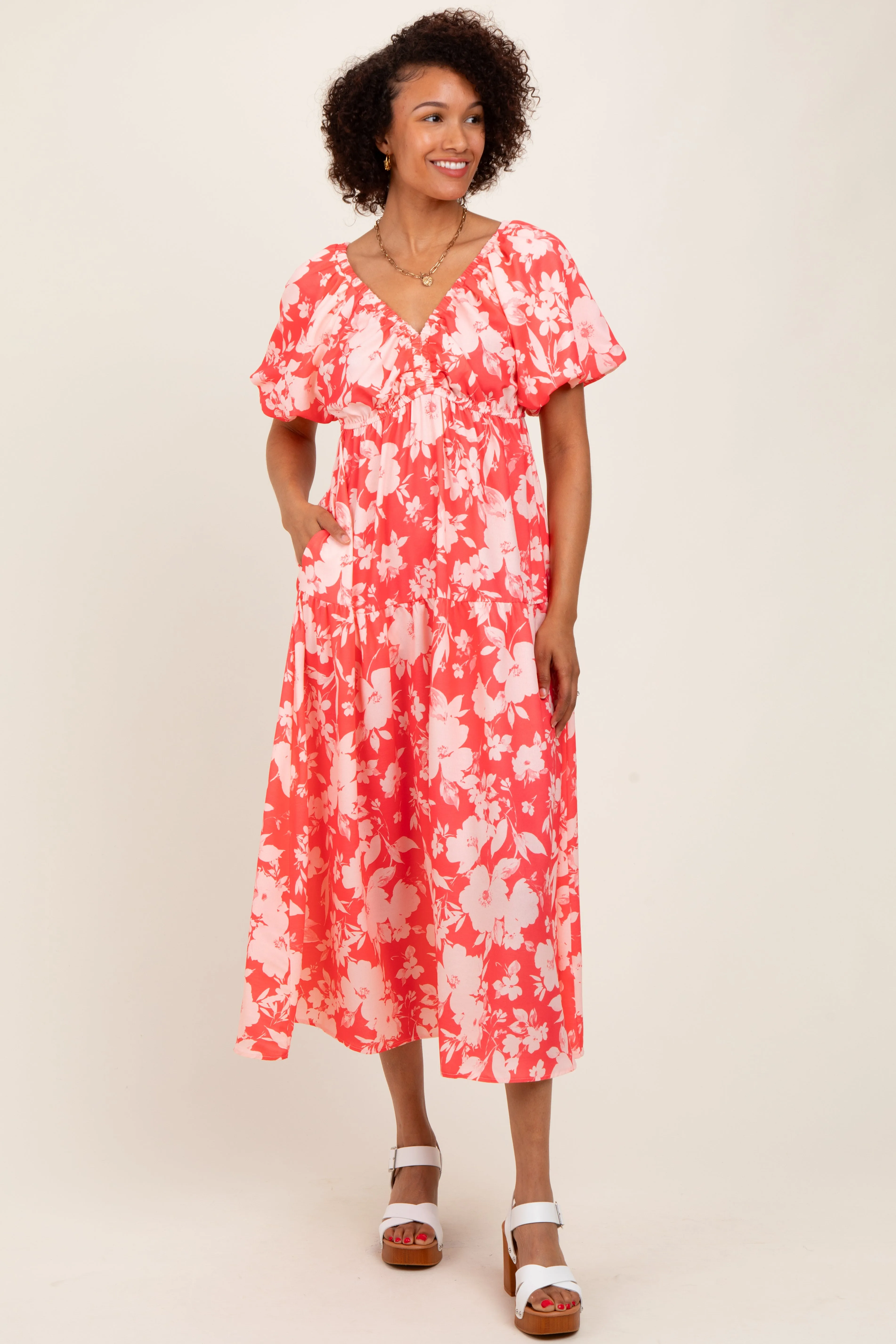 Coral Bubble Short Sleeve Maxi Dress W/ Side Pocket sold by Pinkblush product image thumbnail 2