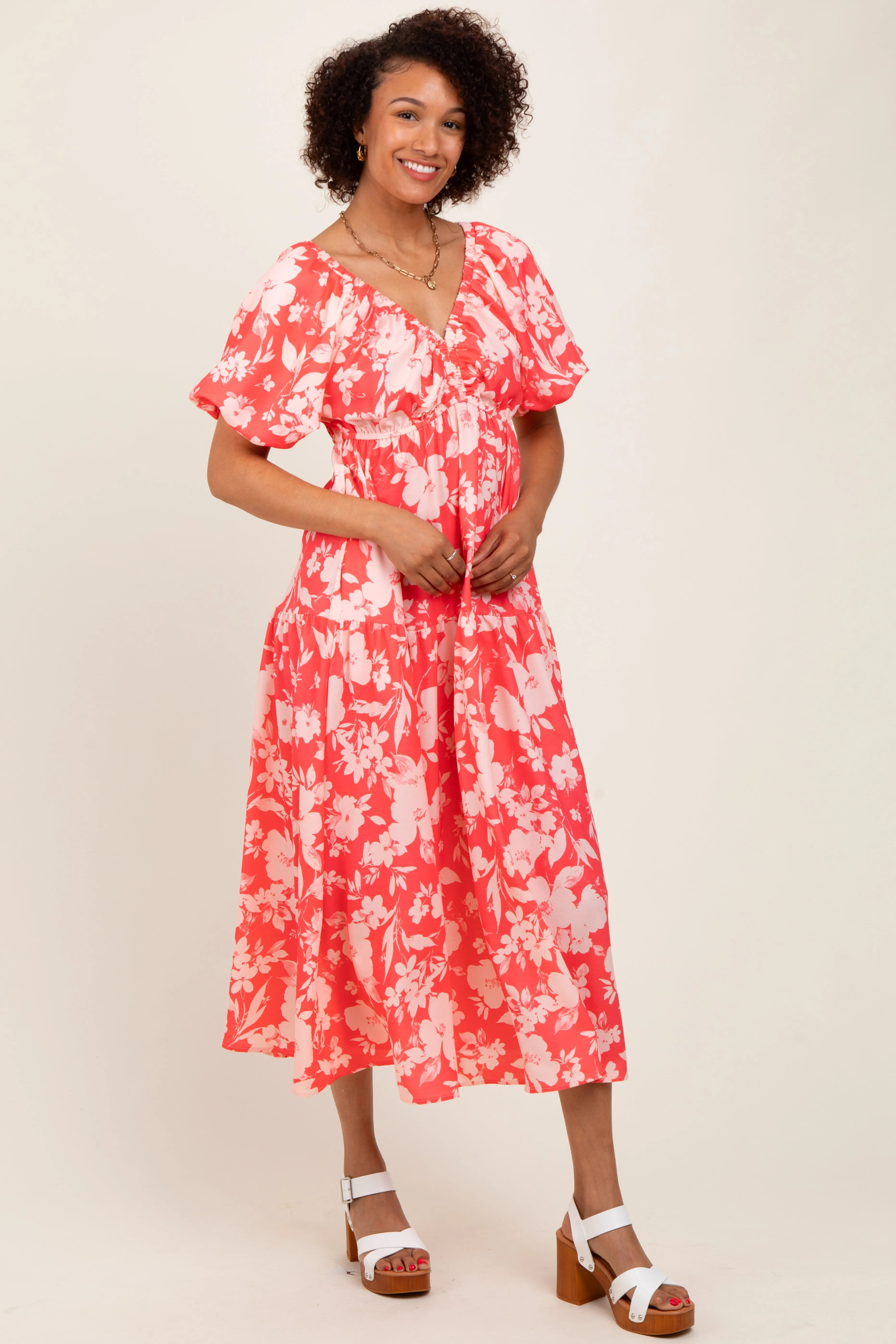 Coral Bubble Short Sleeve Maxi Dress W/ Side Pocket sold by Pinkblush product image thumbnail 3