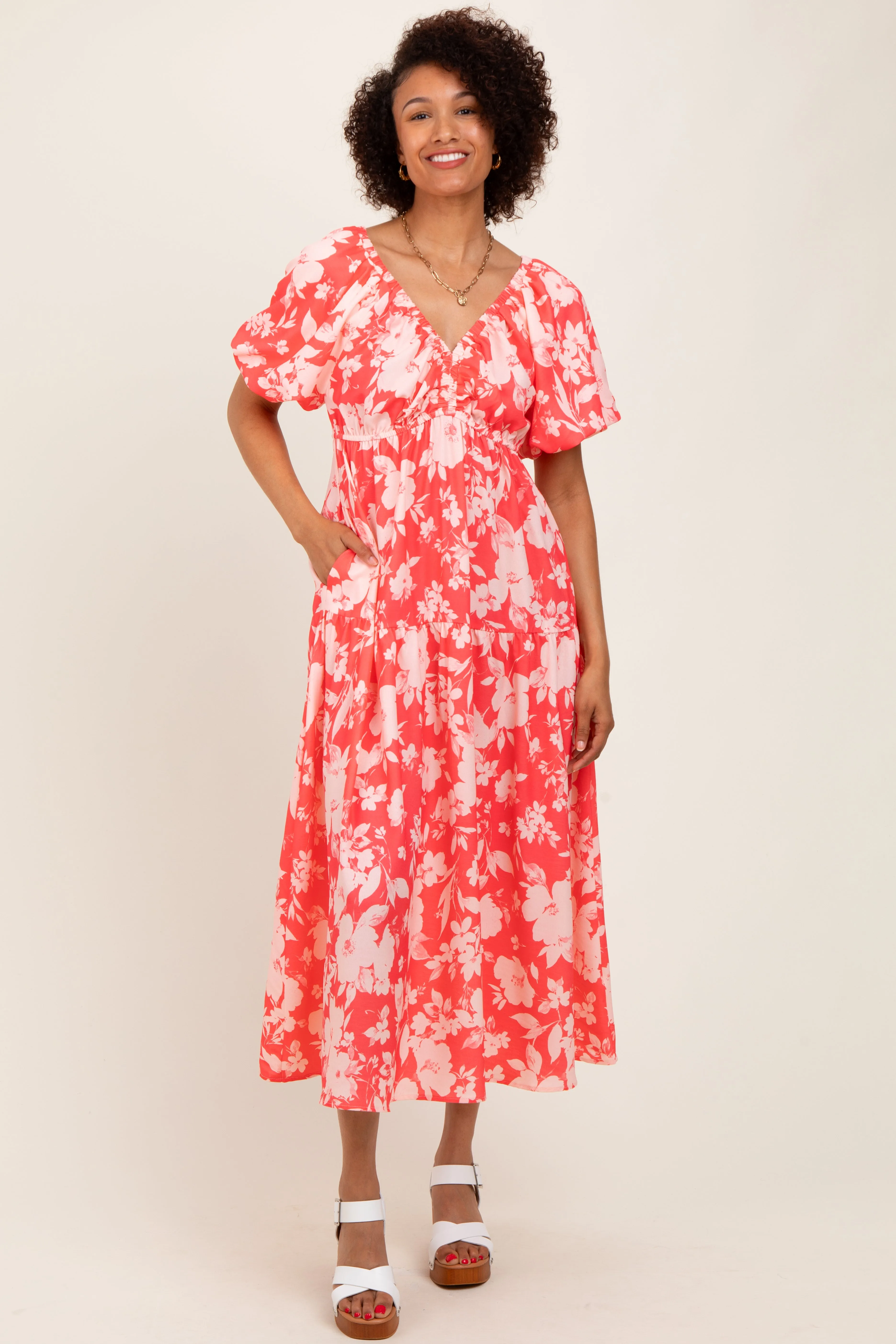 Coral Bubble Short Sleeve Maxi Dress W/ Side Pocket sold by Pinkblush