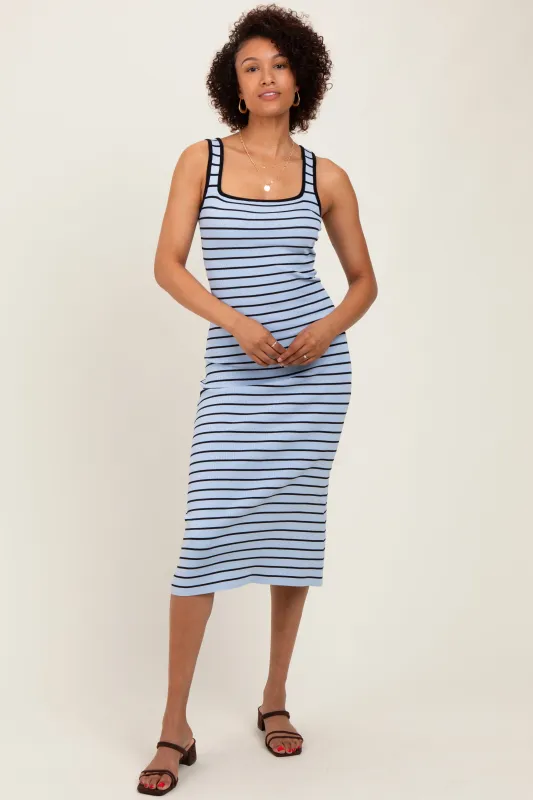 Light Blue Striped Knit Square Neck Midi Dress sold by Pinkblush