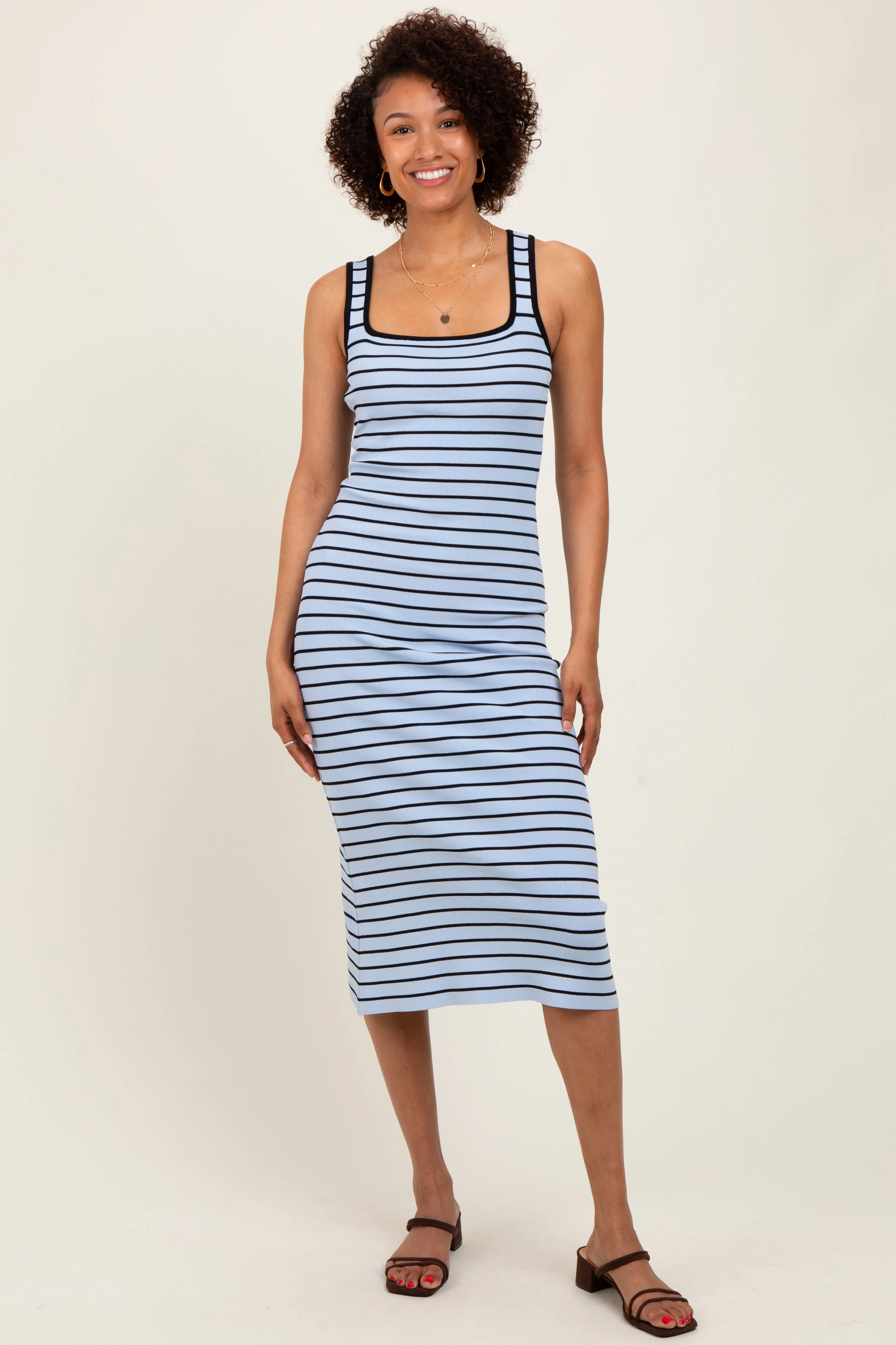 Light Blue Striped Knit Square Neck Midi Dress sold by Pinkblush product image thumbnail 2