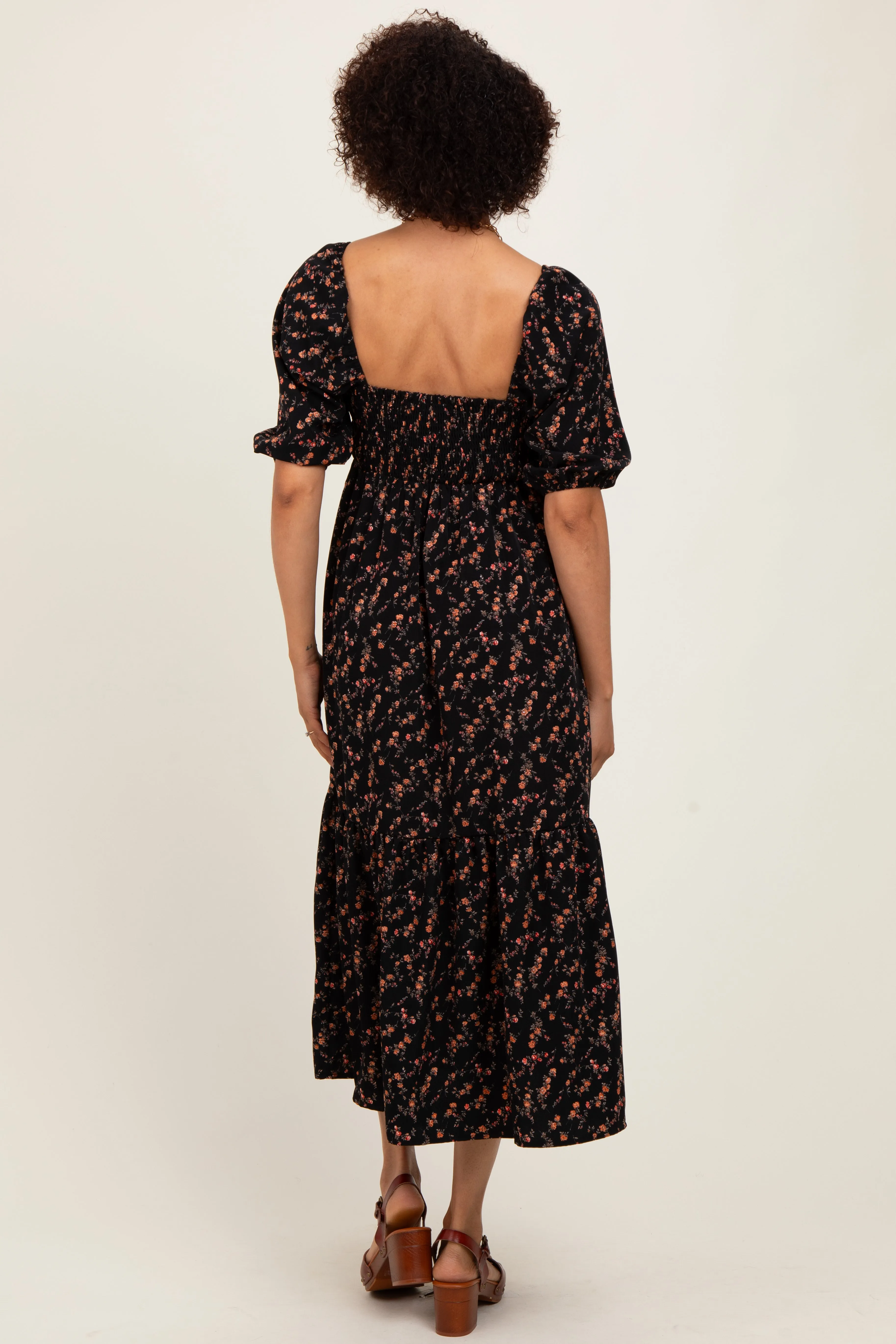 Black Floral Sweetheart Puff Sleeve Midi Dress sold by Pinkblush product image thumbnail 4