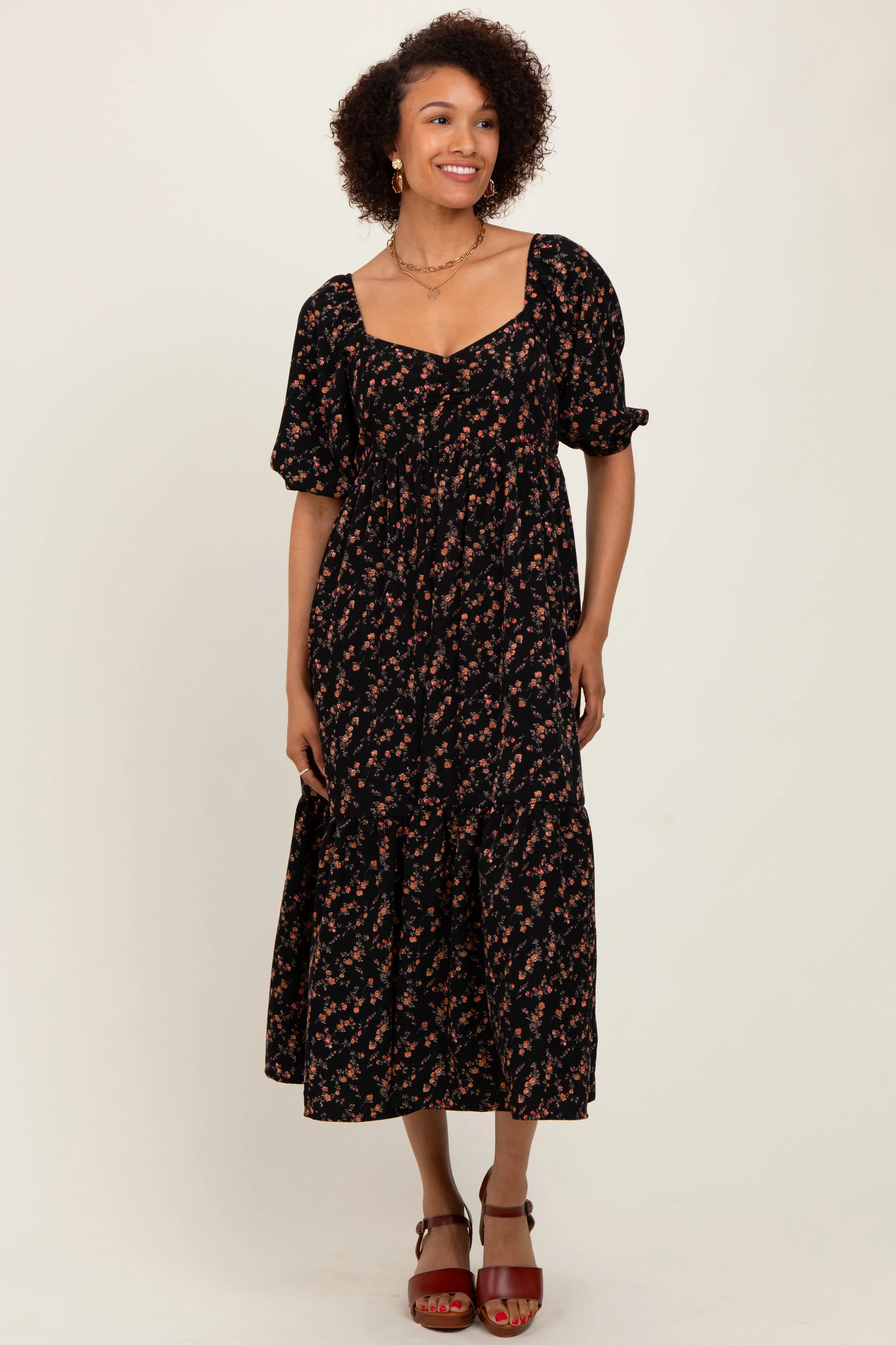 Black Floral Sweetheart Puff Sleeve Midi Dress sold by Pinkblush