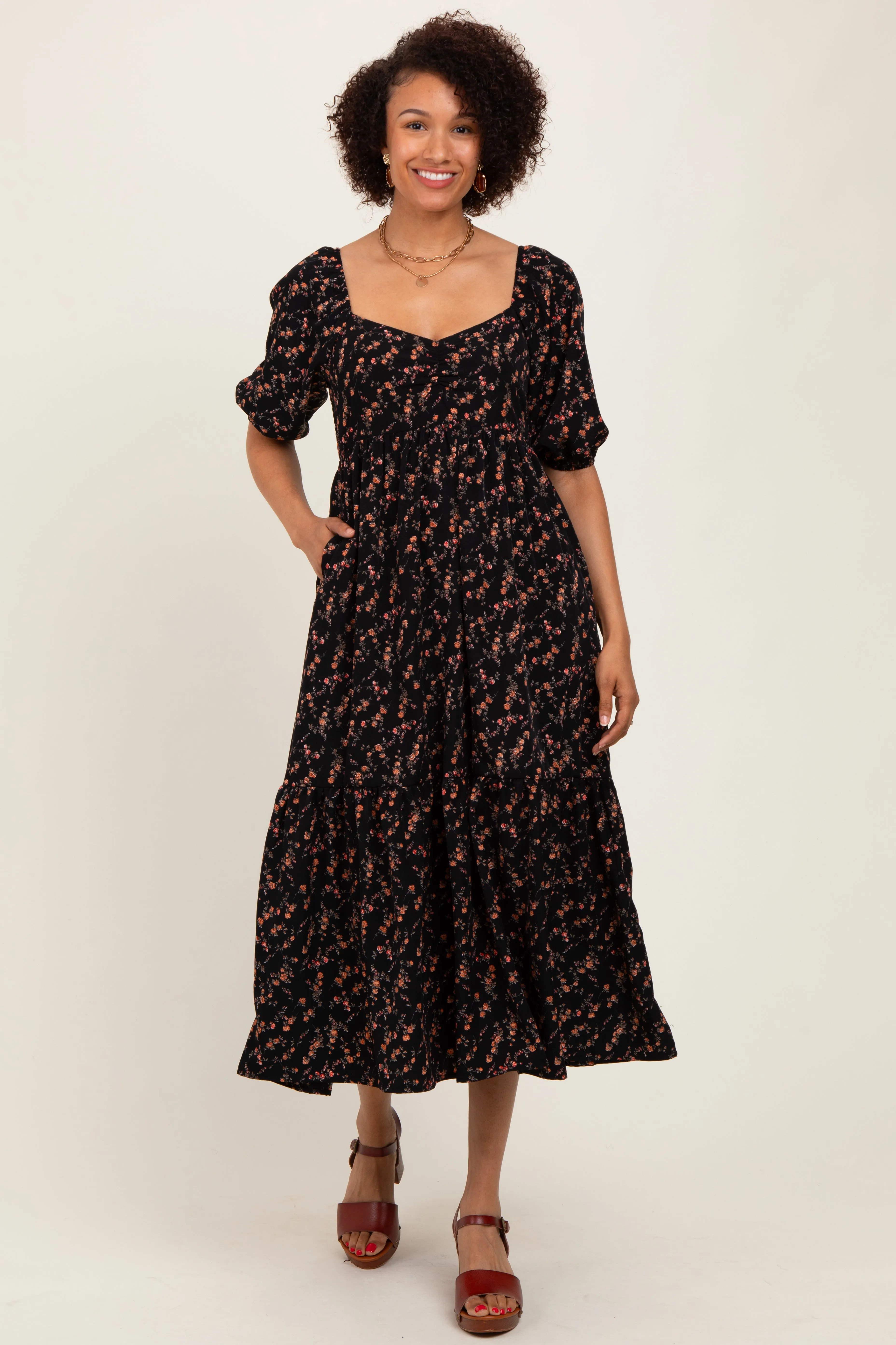 Black Floral Sweetheart Puff Sleeve Midi Dress sold by Pinkblush product image thumbnail 2