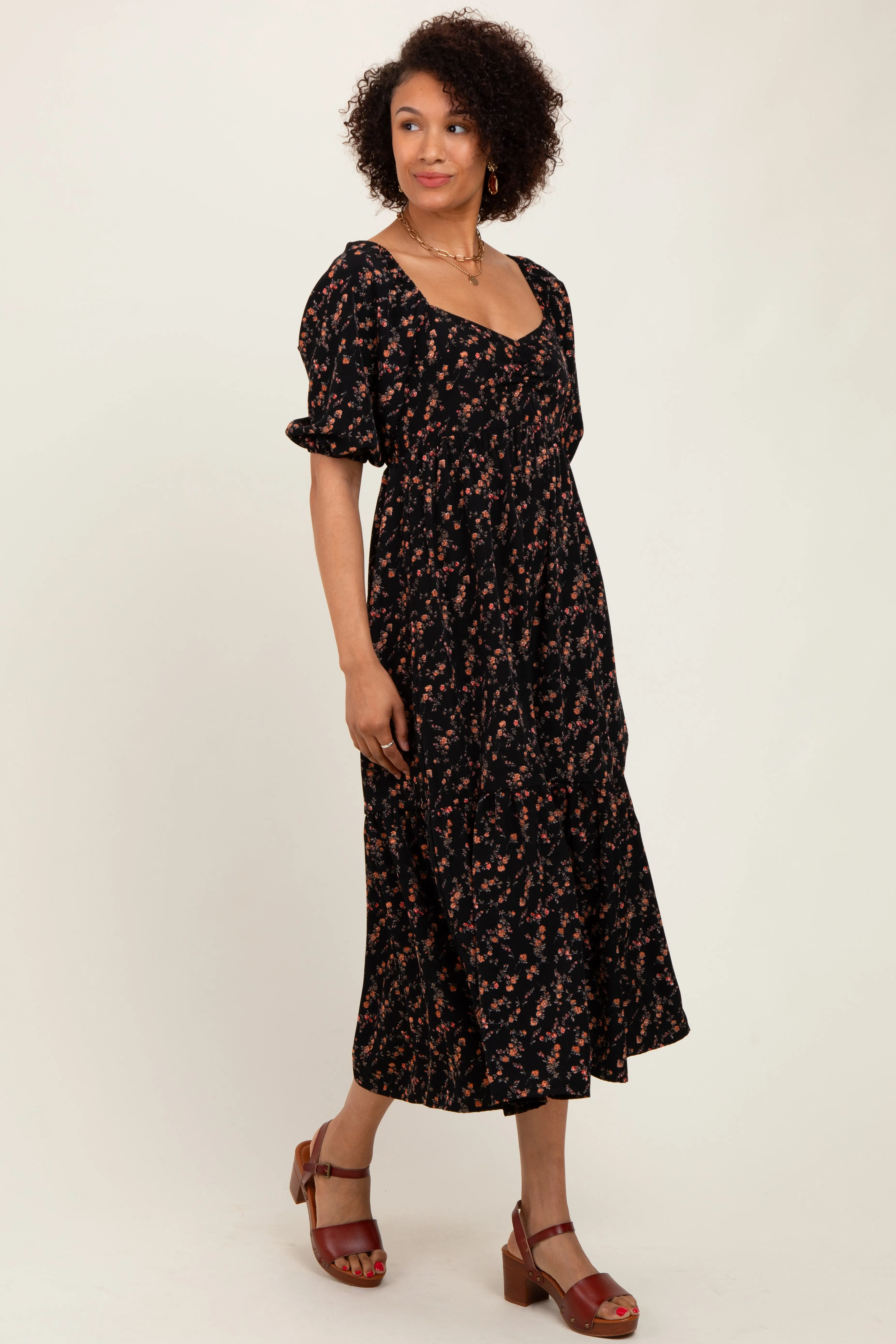 Black Floral Sweetheart Puff Sleeve Midi Dress sold by Pinkblush product image thumbnail 3