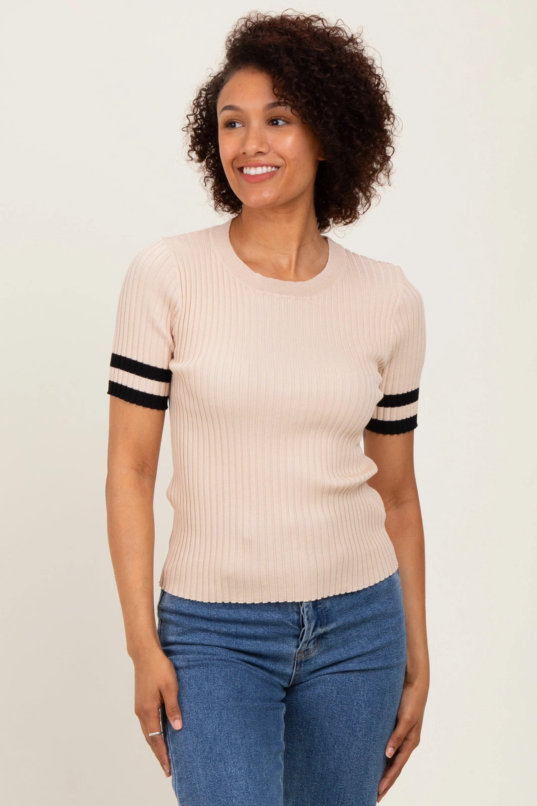 Beige Striped Short Sleeve Knit Top sold by Pinkblush