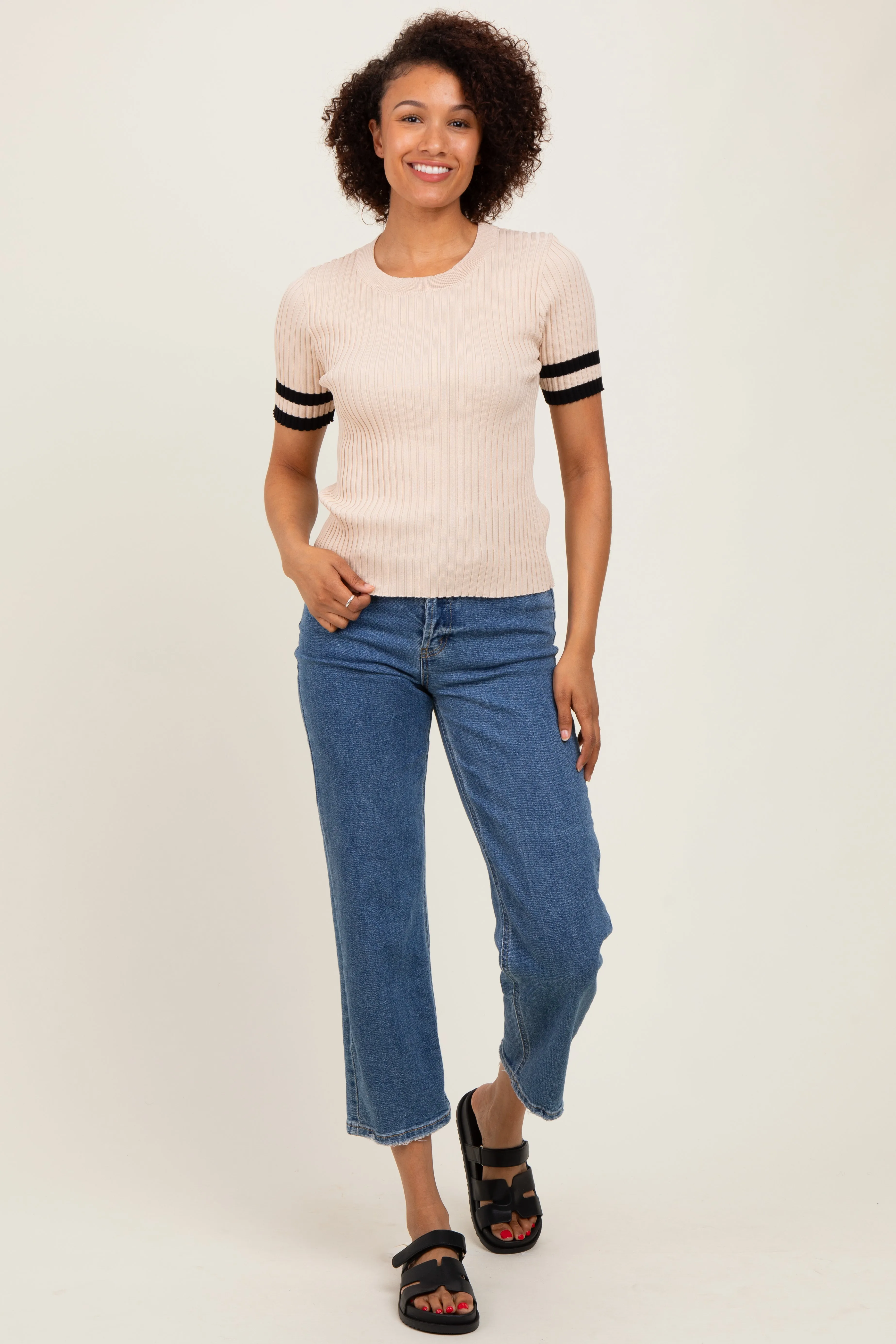 Beige Striped Short Sleeve Knit Top sold by Pinkblush product image thumbnail 2