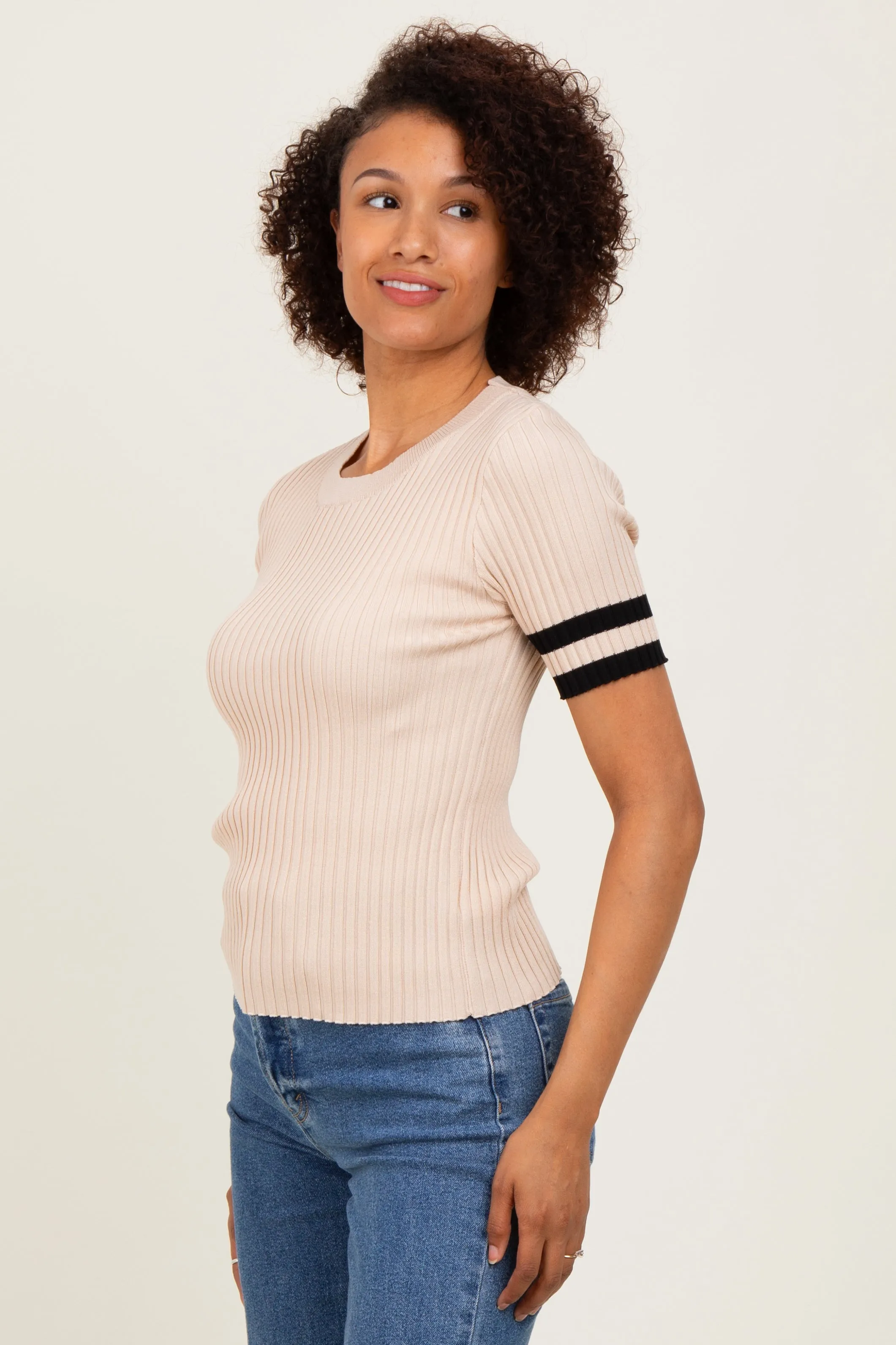 Beige Striped Short Sleeve Knit Top sold by Pinkblush product image thumbnail 3