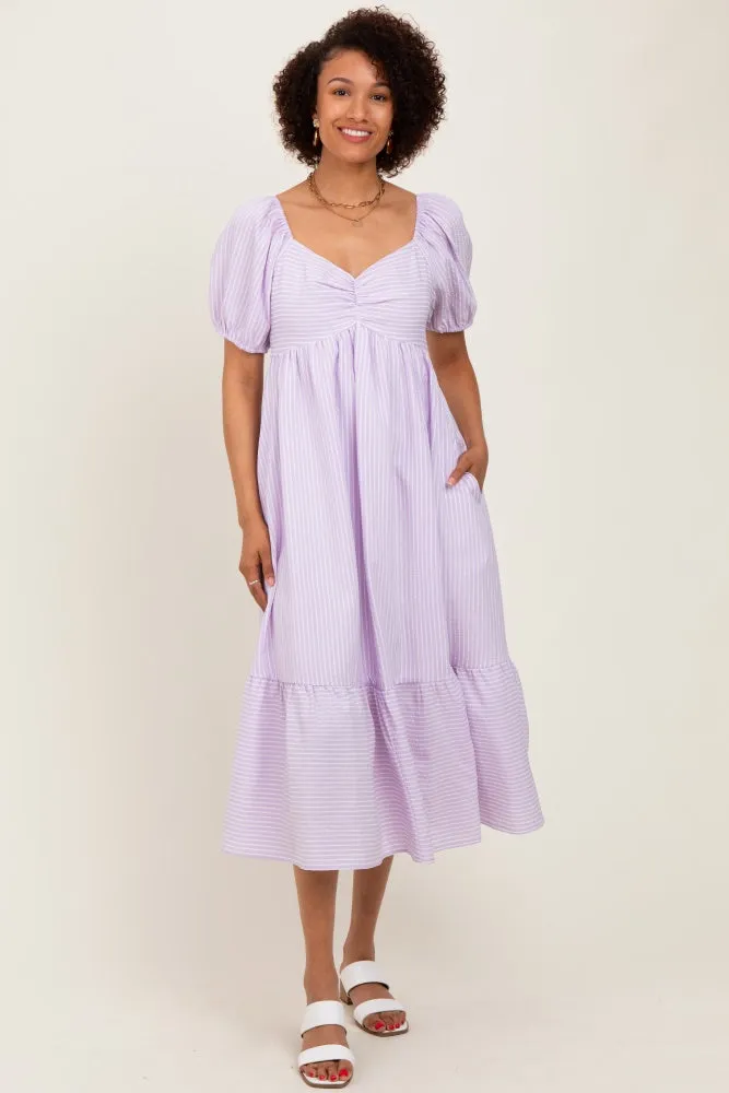 Lavender Sweetheart Stripe Smocked Back Midi Dress sold by Pinkblush