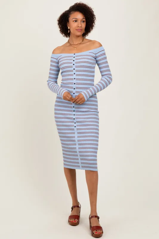 Light Blue Striped Ribbed Button Accent Off Shoulder Dress sold by Pinkblush