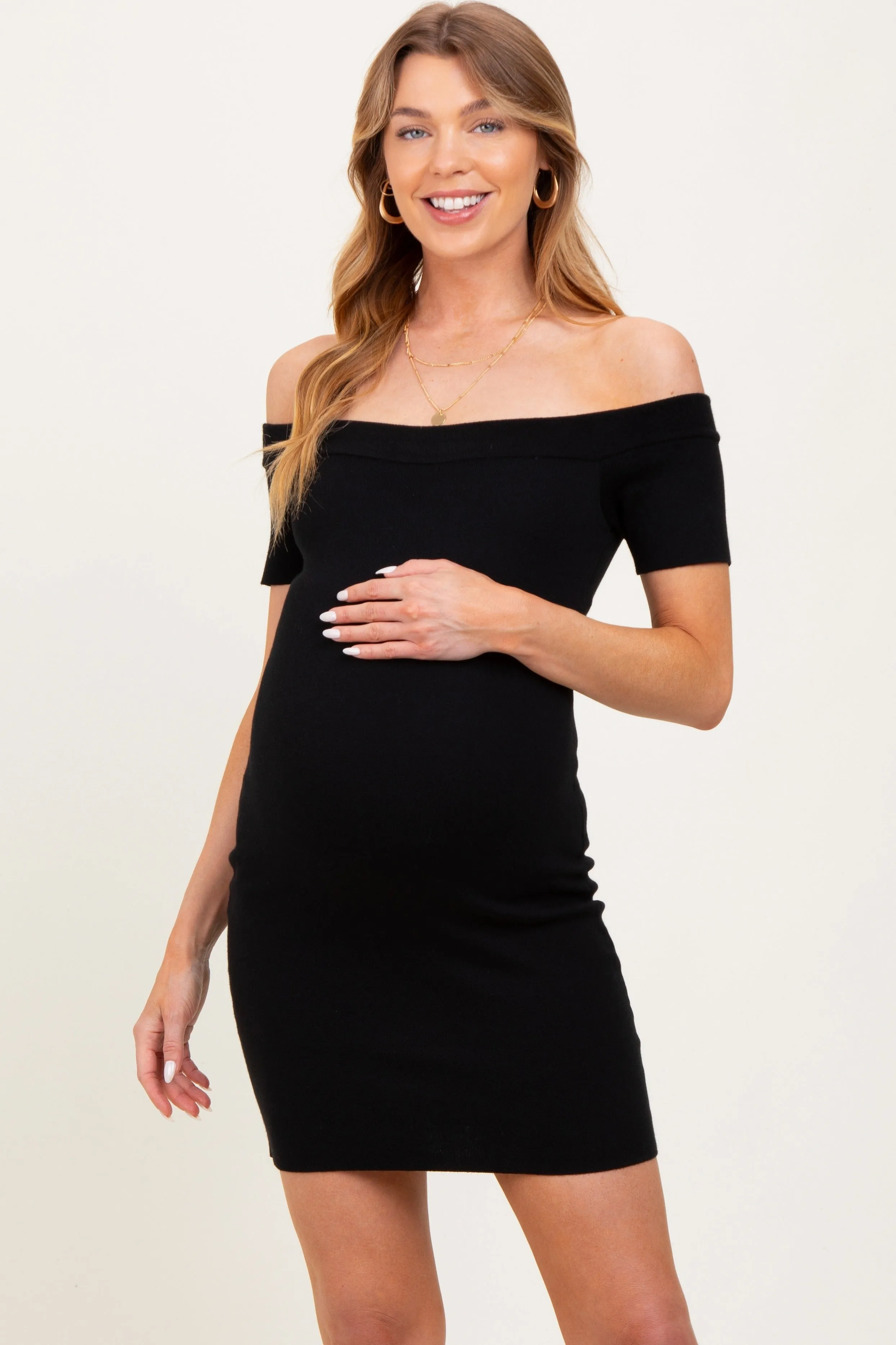 Black Off Shoulder Knit Maternity Mini Dress sold by Pinkblush