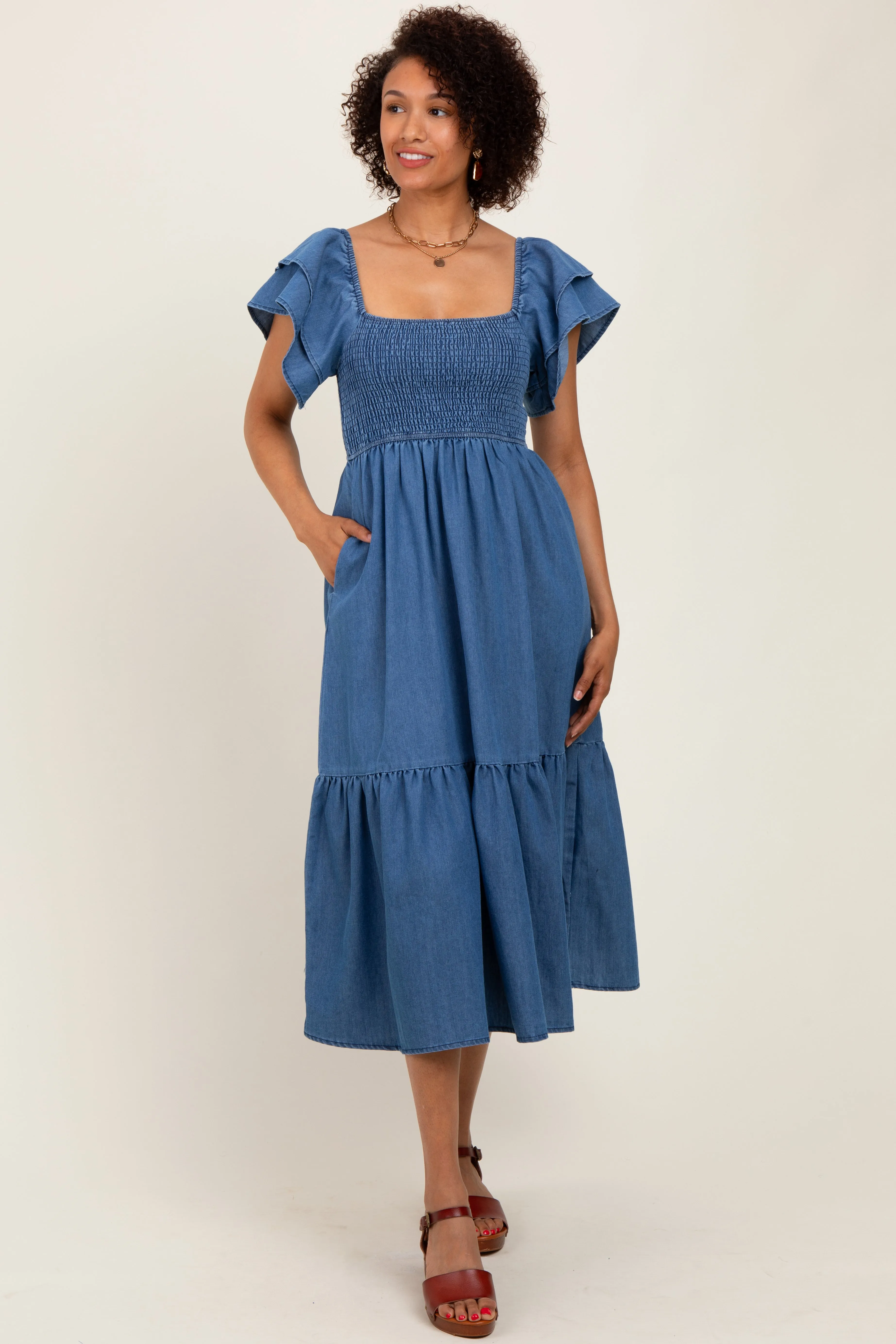 Blue Chambray Smocked Flutter Sleeve Dress sold by Pinkblush product image thumbnail 2
