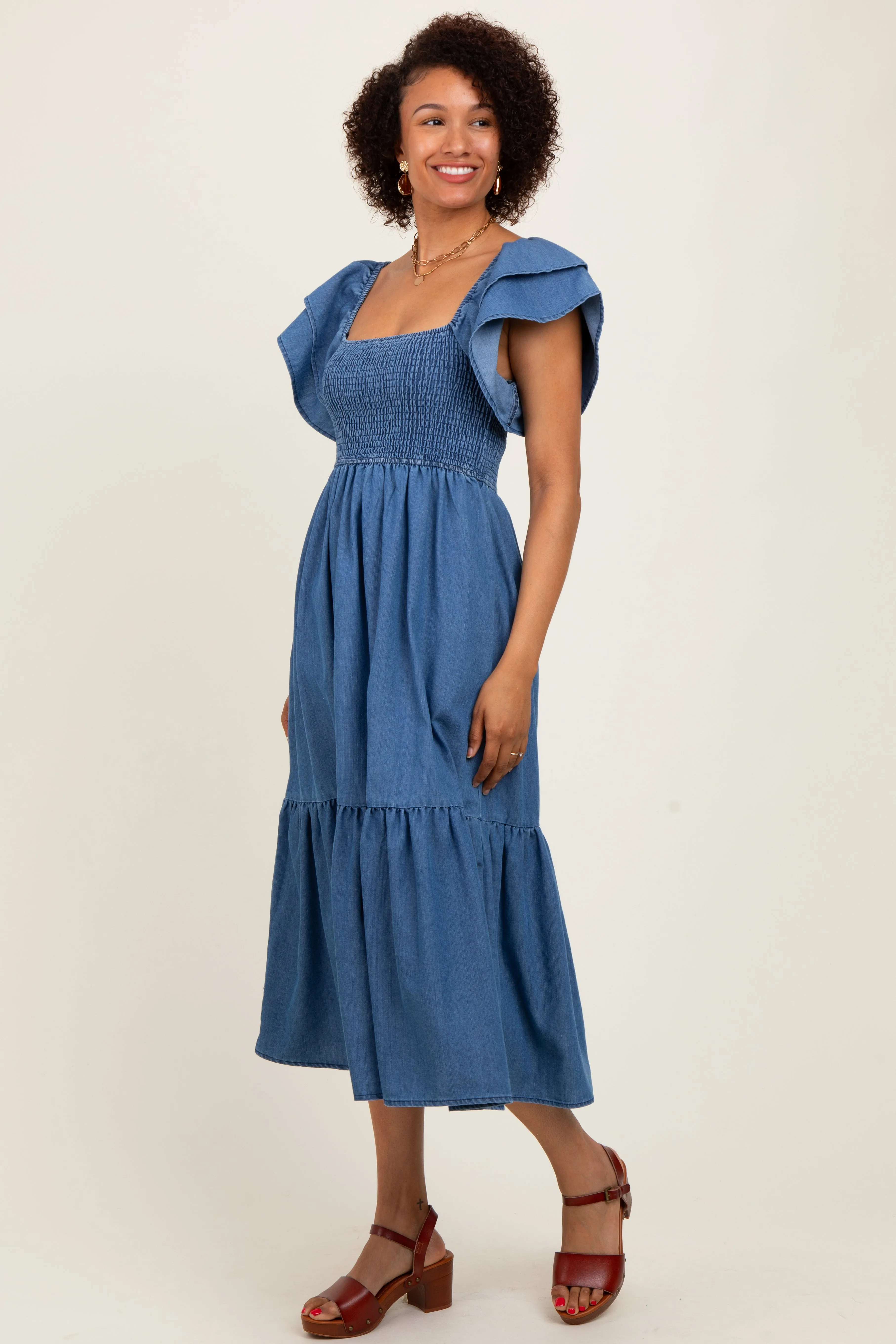 Blue Chambray Smocked Flutter Sleeve Dress sold by Pinkblush product image thumbnail 3