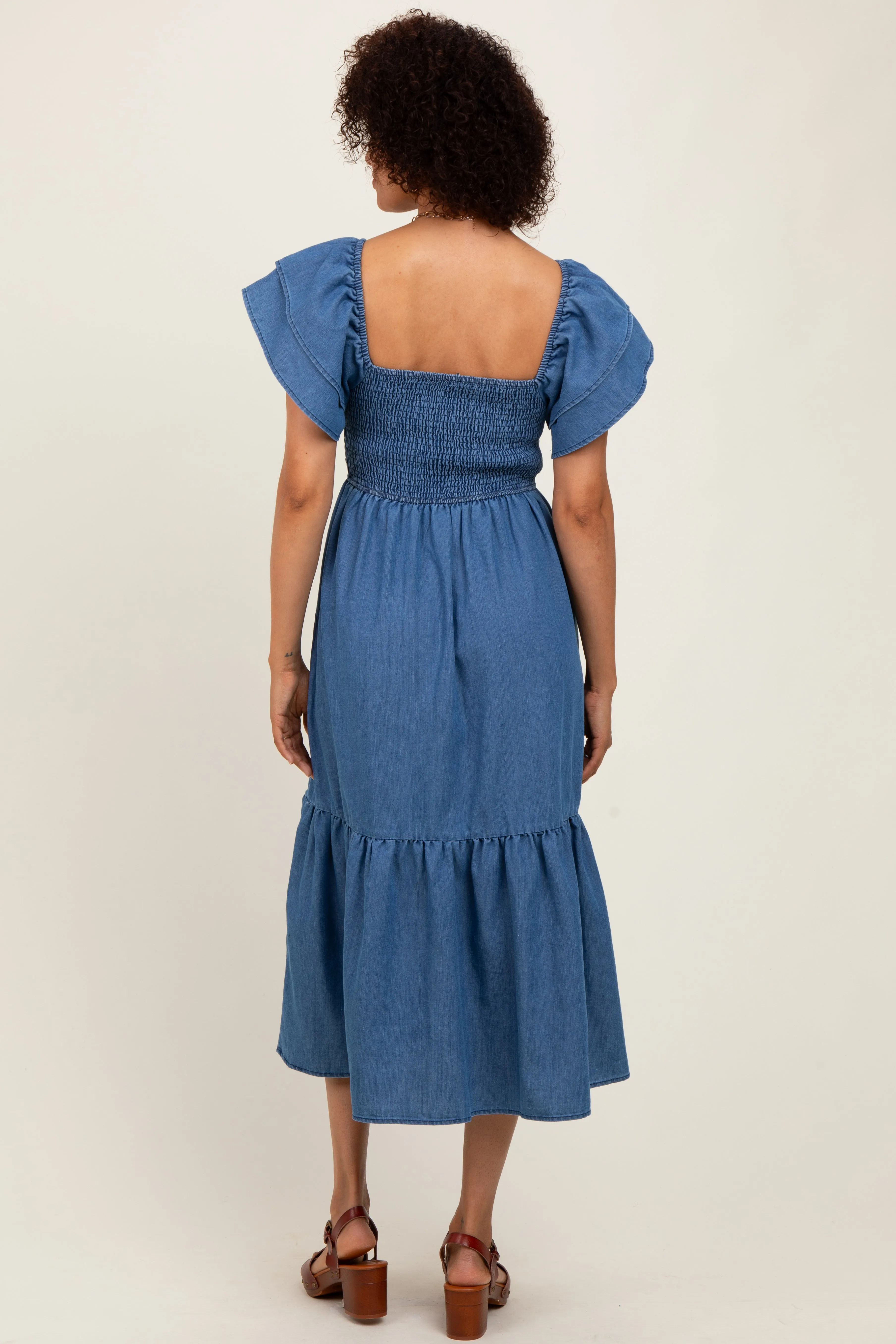 Blue Chambray Smocked Flutter Sleeve Dress sold by Pinkblush product image thumbnail 4