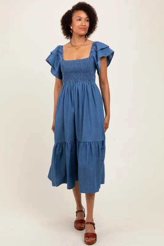 Blue Chambray Smocked Flutter Sleeve Dress sold by Pinkblush