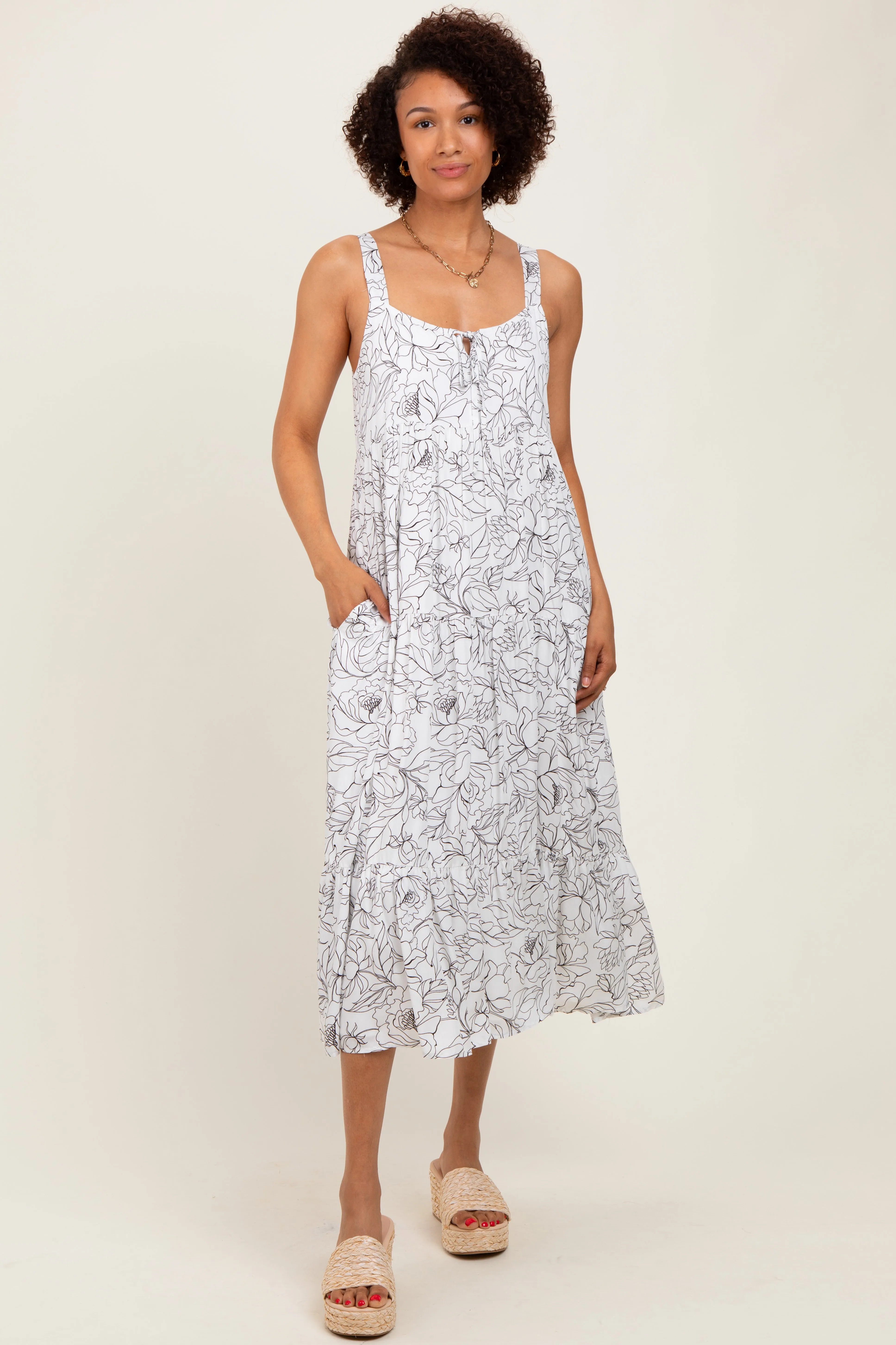 White Floral Outline Print Sleeveless Midi Dress sold by Pinkblush product image thumbnail 2
