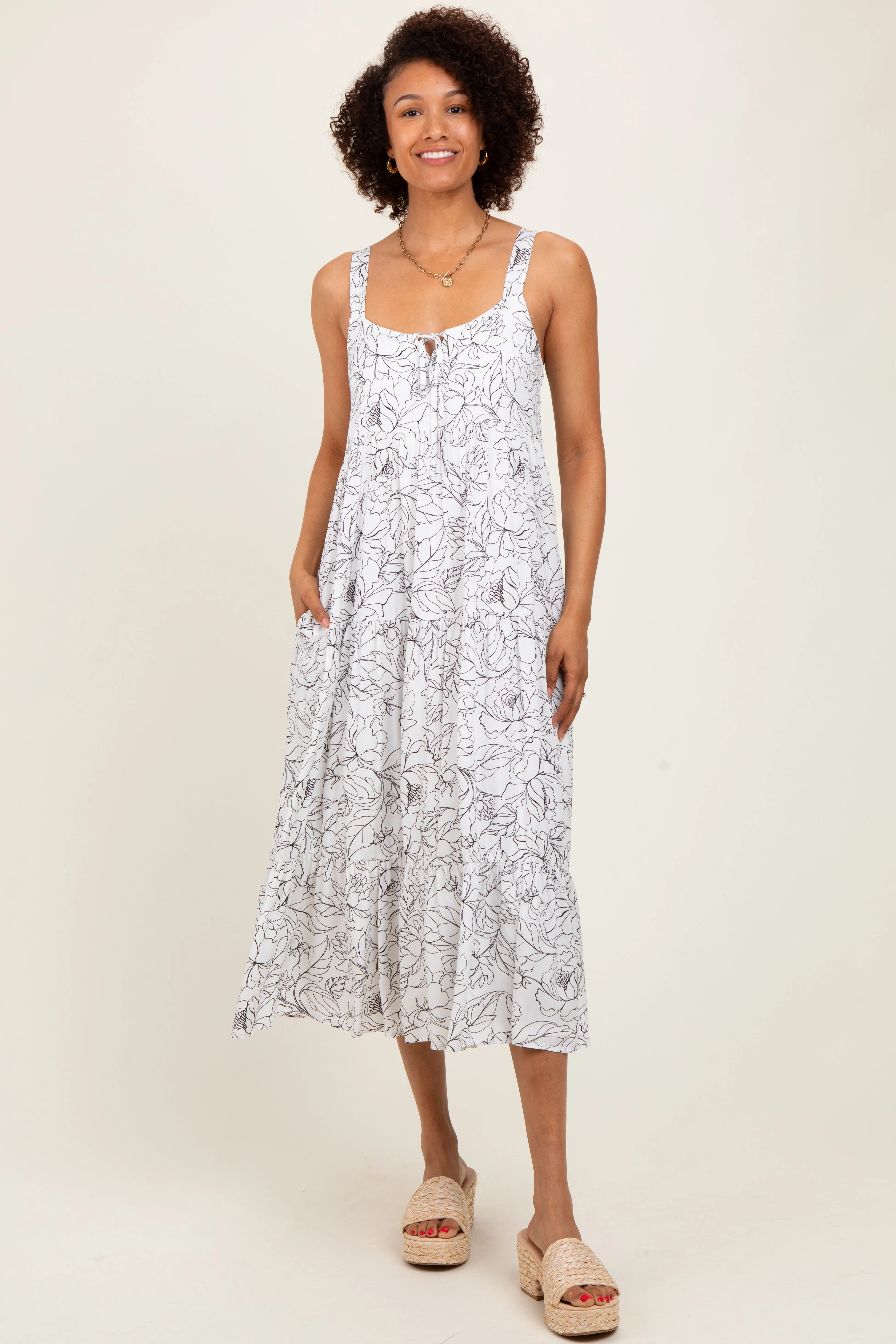 White Floral Outline Print Sleeveless Midi Dress sold by Pinkblush