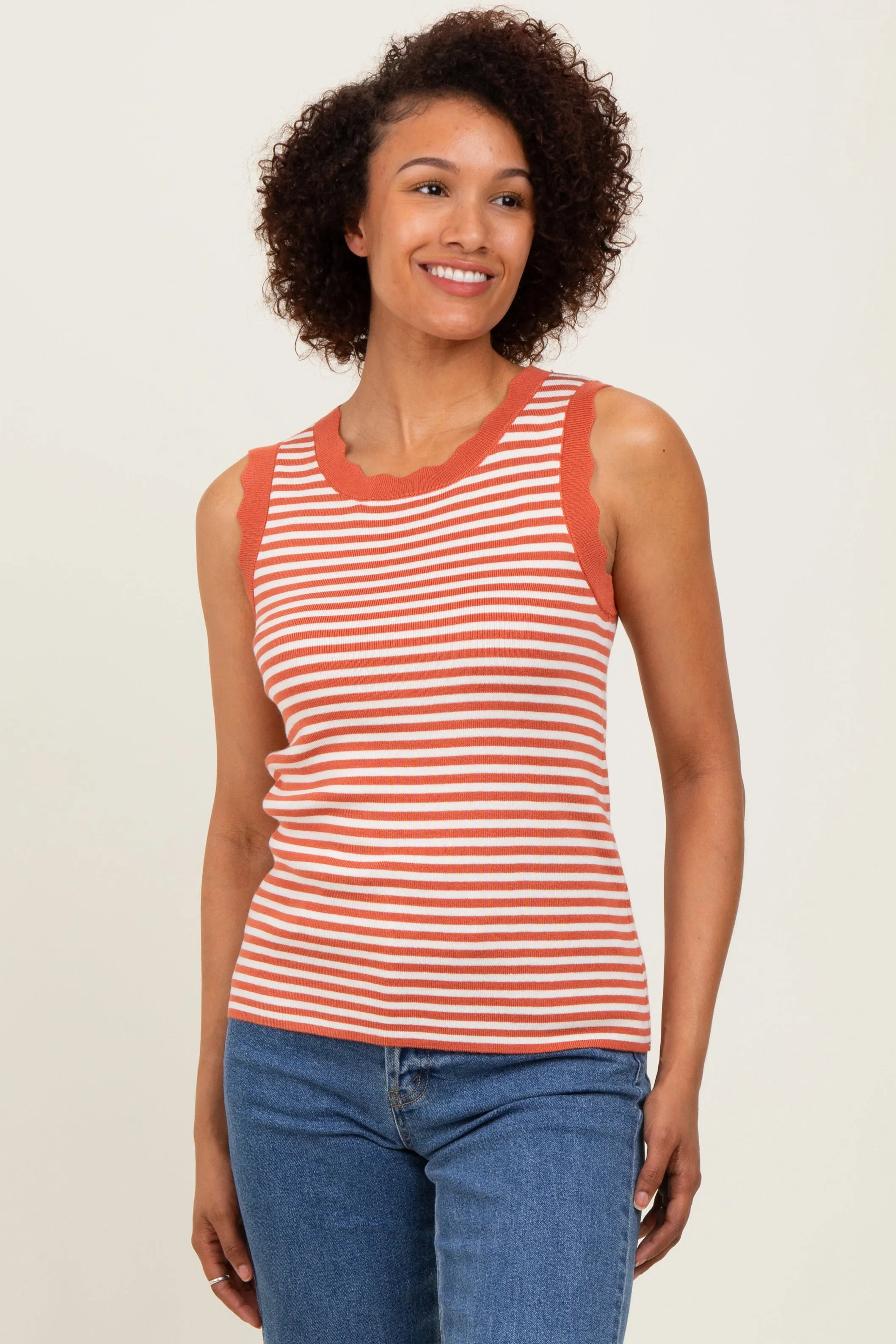 Rust Striped Knit Scallop Trim Sleeveless Top sold by Pinkblush