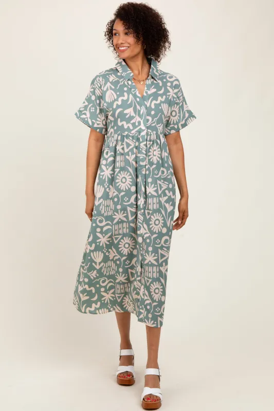 Mint Green Abstract Floral Shirt Midi Dress sold by Pinkblush