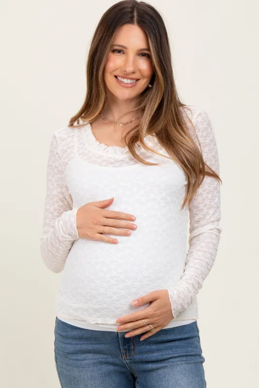 Cream Lace Ruffle Neckline Maternity Long Sleeve Top sold by Pinkblush
